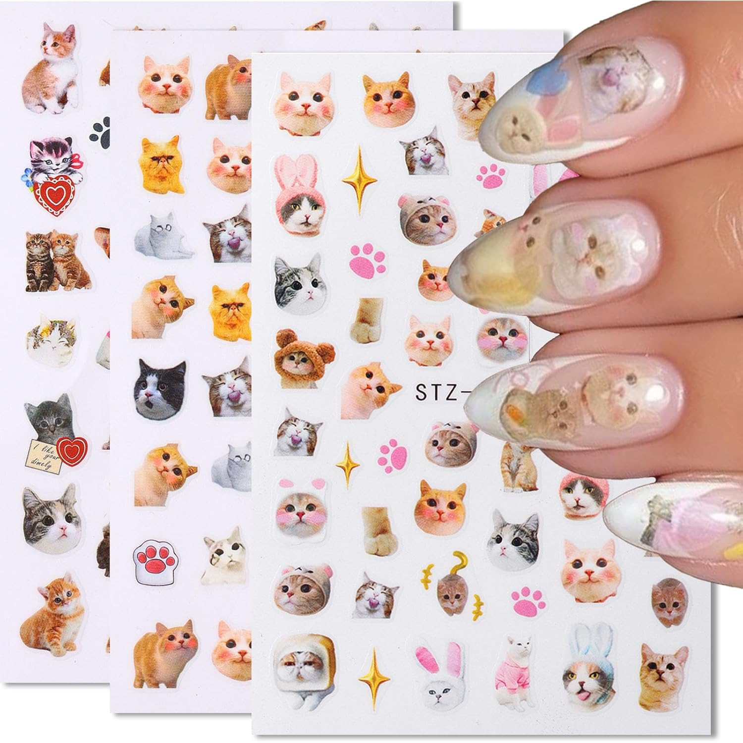 Cute Cat Nail Stickers 3 Sheets Heart Nail Decals Stickers for Nails Art Design Self-Adhesive Sticker DIY Nail Art Decoration Handmade Nails Supplies