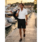 Puimentiua Mens Line Cotton Shorts Casual, Business Casual Summer Beach Golf Shorts With Elastic Drawstring Waist