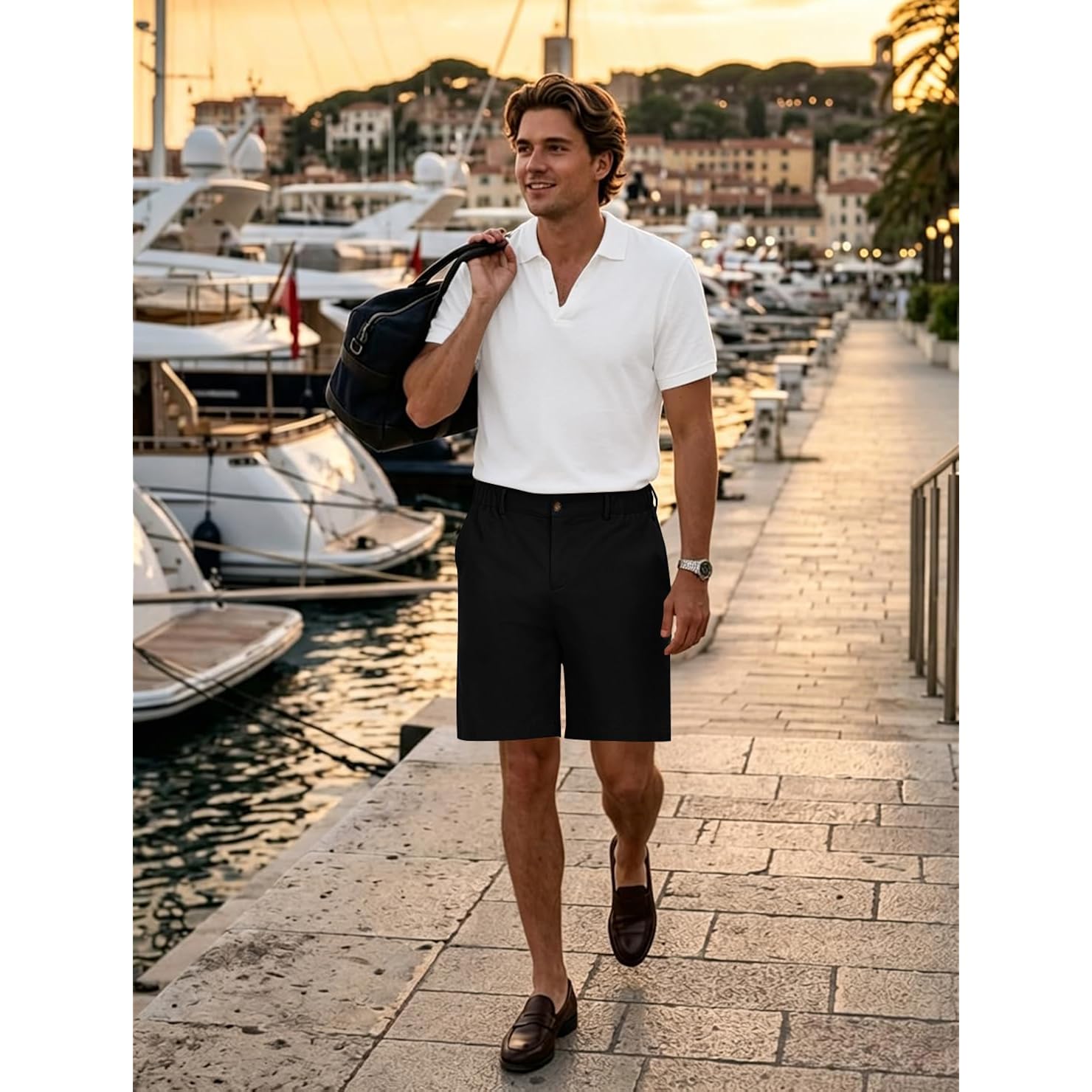 Puimentiua Mens Line Cotton Shorts Casual, Business Casual Summer Beach Golf Shorts With Elastic Drawstring Waist