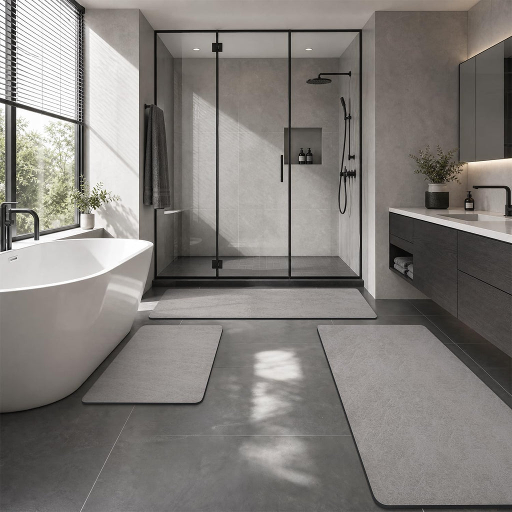 Montvoo -Bath Mat-Rubber Backing Non Slipthin Bathroom Rugs Fit Under Door- Quick Dry Absorbent Faux Suede Surface Grey Bathroom Floor Mats-Shower Rug For In Front Of Bathtub Shower Gray 16X24