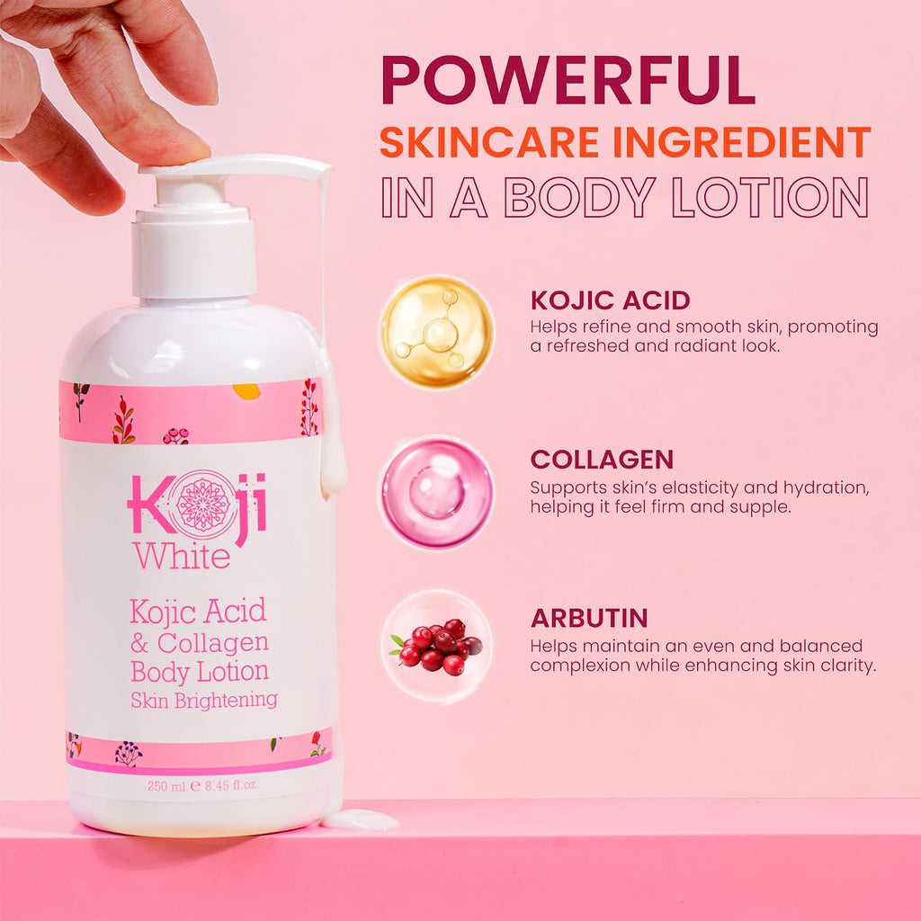 Koji White Kojic Acid & Collagen Body Lotion, Women Gifts Set For Skin Brightening With Arbutin, Glowing Skin, Moisturizer & Radiant Complexion, Uneven Skin Tone - Vegan, 8.45 Fl Oz (2 Packs)