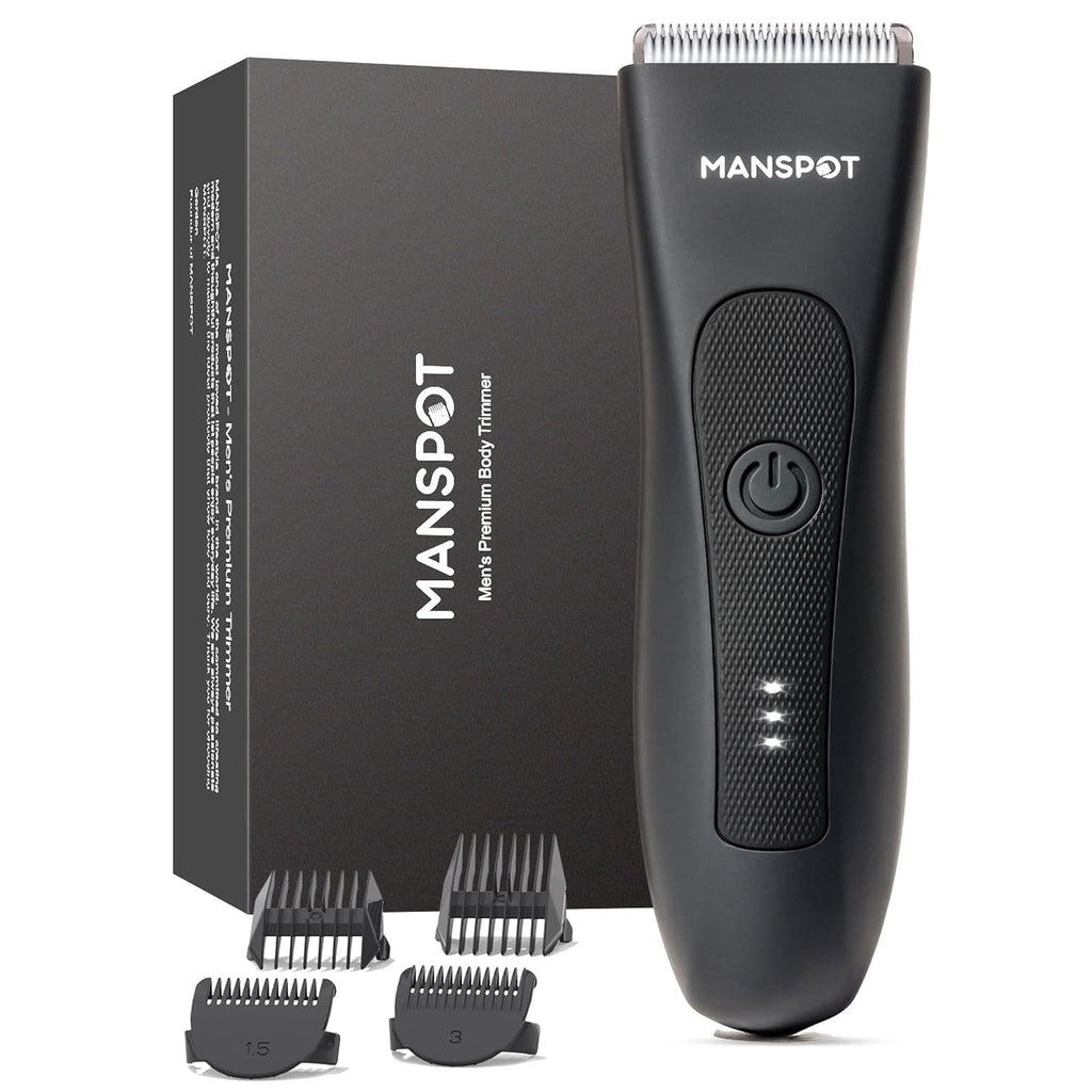 Manspot Manscape Groin & Body Hair Trimmer For Men With Spotglide™ Blade, Electric Ball & Pubic Trimmer Shaver, Replaceable Ceramic Blade, Ipx7 Waterproof Wet/Dry, 90-Min Runtime, 4 Guard Combs