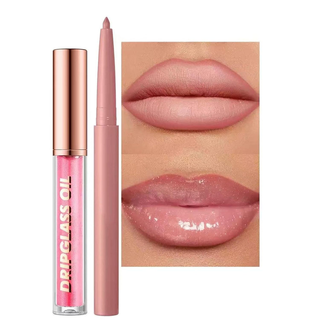 Retro Style Lip Set - Matte Lip Liner + Drip Glass Oil Lip Gloss, Long Lasting Waterproof, Easy Application for Natural or Glam Look, 2-in-1 Lip Makeup Kit for Women (01# light pink)