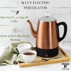 Moss & Stone 10 Cup Copper Percolator Coffee Pot Electric, Stainless Steel Coffee Percolator Electric With Keep Warm Function, Classic Perculator Pot With Removable Basket For Home Or Office