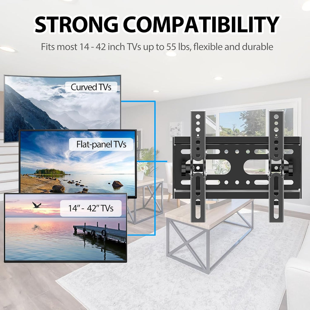 Jobzyp Tilt Tv Wall Mount Bracket For 14-42 Flat Screen Tvs & Monitors, 19 21 23 27 29 32 37 39 Inch Low Profile Universal Tilting Tv Monitor Mount Fits 8" Wood Studs Vesa 50X50-200X200Mm Up To 55 Lbs