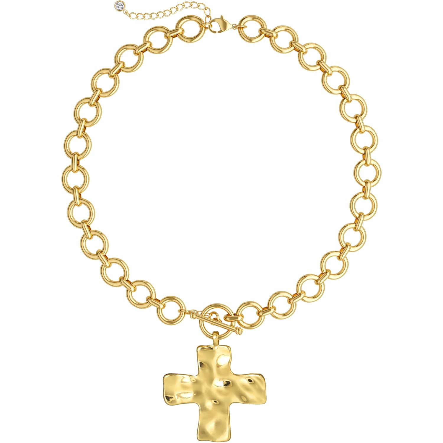 CHESKY 14K Gold Plated Chunky Cross Necklace for Women, Statement Cross Necklace Big Hammered Bold Cross Heart Pendant Necklace Trendy Gold Toggle Necklaces Vintage Jewelry