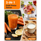 3-In-1 Cold Press Juicer Machines, 6.5" Mega Chute For Whole Fruit, Slow Masticating Juicer With Sorbet & Nut Milk Maker, Bpa Free, 100 Oz Hopper, Easy Clean, Oxide Gray