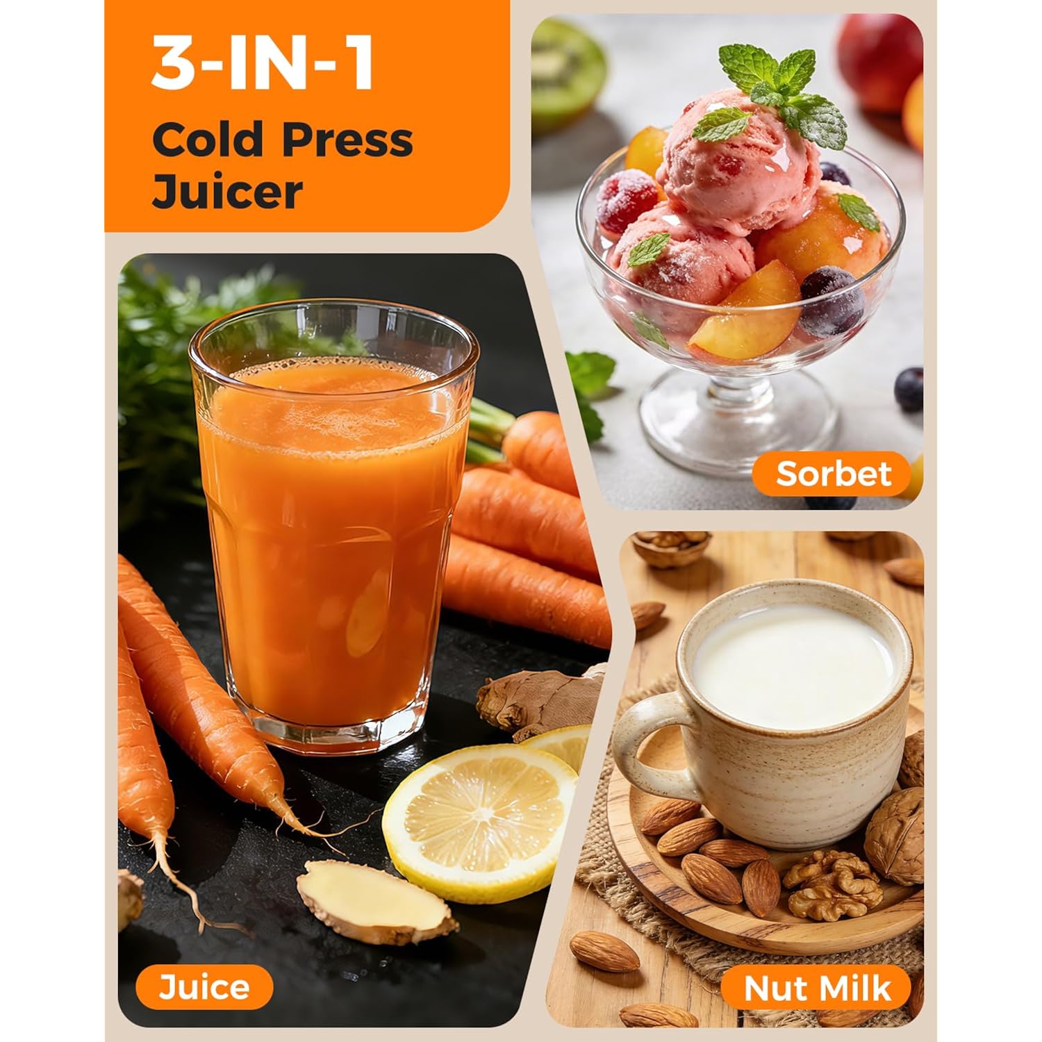 3-In-1 Cold Press Juicer Machines, 6.5" Mega Chute For Whole Fruit, Slow Masticating Juicer With Sorbet & Nut Milk Maker, Bpa Free, 100 Oz Hopper, Easy Clean, Oxide Gray