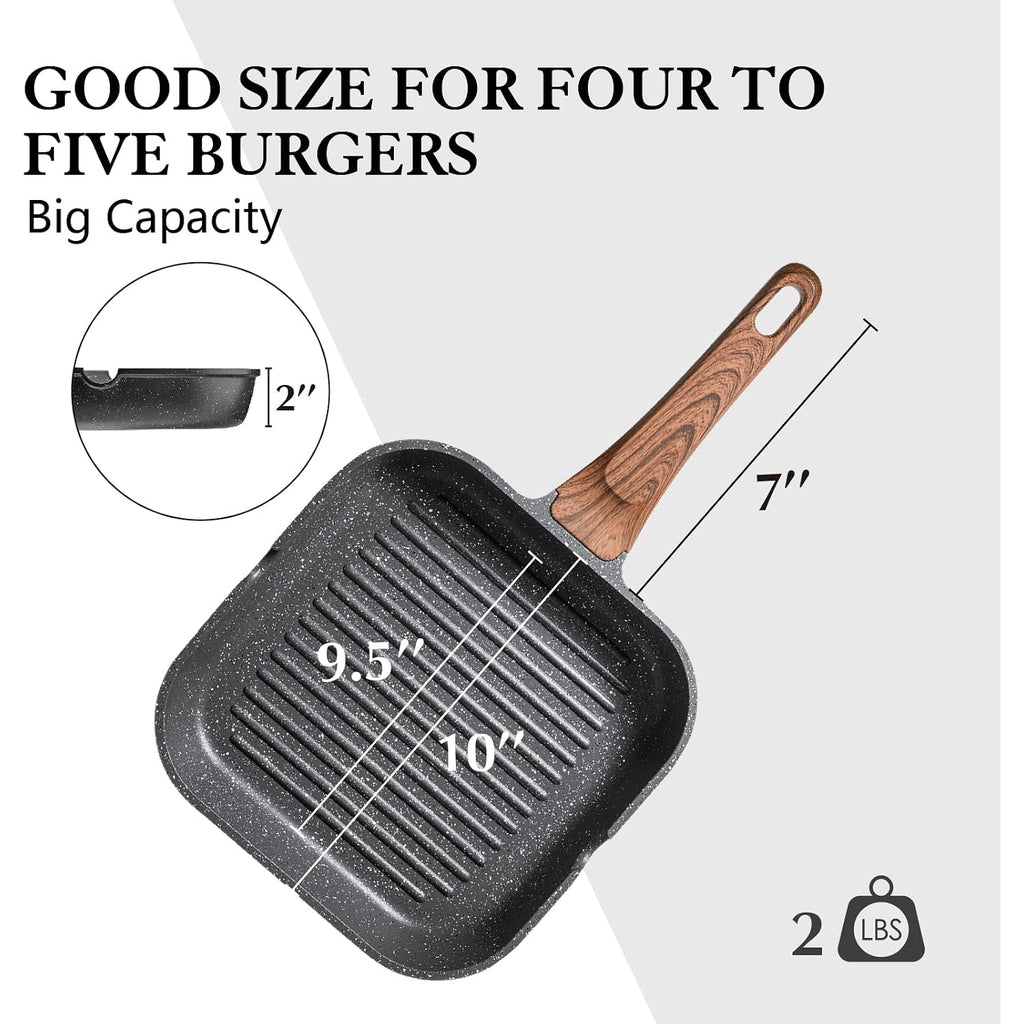 Sensarte Nonstick Grill Pan For Stove Tops, Versatile Griddle With Pour Spouts, Square Big Cooking Surface, Durable Skillet Indoor & Outdoor Grilling. Pfoa Free, 9.5 Inch