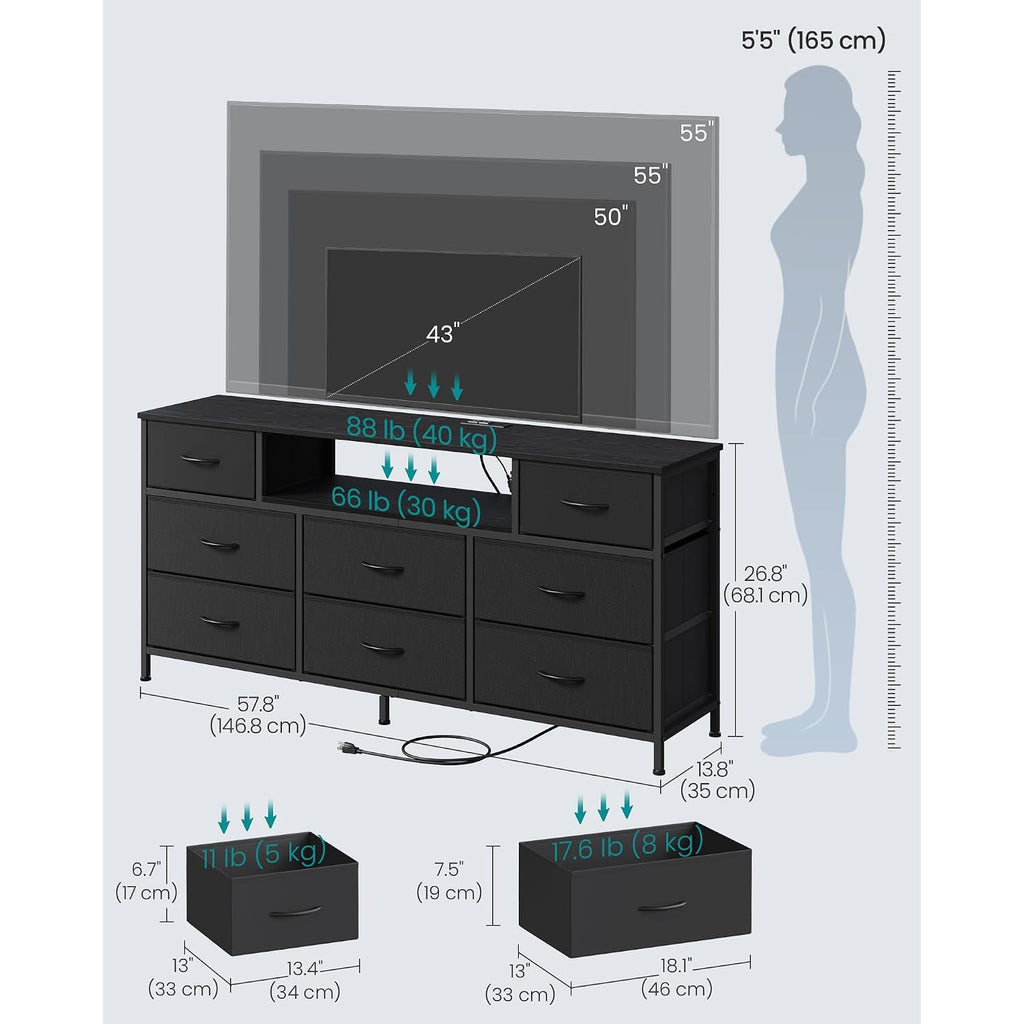 Songmics Bellah Collection - Dresser For Bedroom With Outlets And Led Lights, Tv Stand For Tvs Up To 65 Inches, Chest Of Drawers, 8 Drawers, Steel, Modern, Ink Black Ulgs434Bh02S