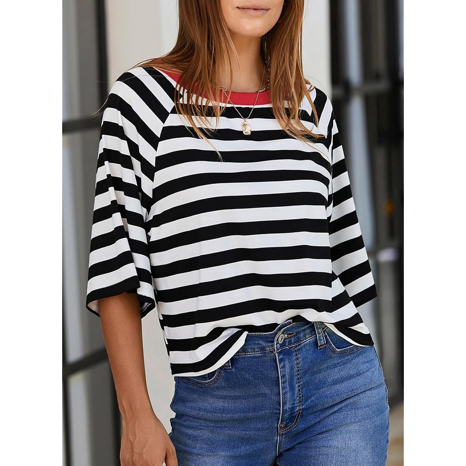 Dokotoo Tops for Women Striped 2026 Fashion T Shirts for Women Color Block Crewneck Design Loose Basic Tee