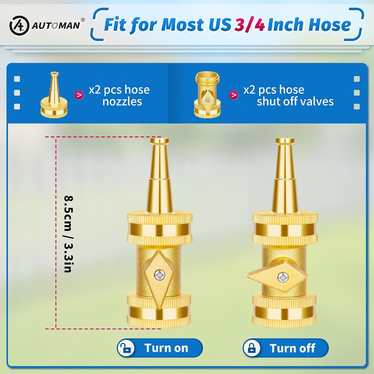 Automan Brass Hose Nozzle - High Pressure Jet Nozzle 4 Count (2 Set), Heavy Duty Water Hose Sprayer Sweeper With Hose Shutoff Valve, 3/4” Ght Nozzles For Garden Hose, Car Wash, Extra 10 Rubber Washers