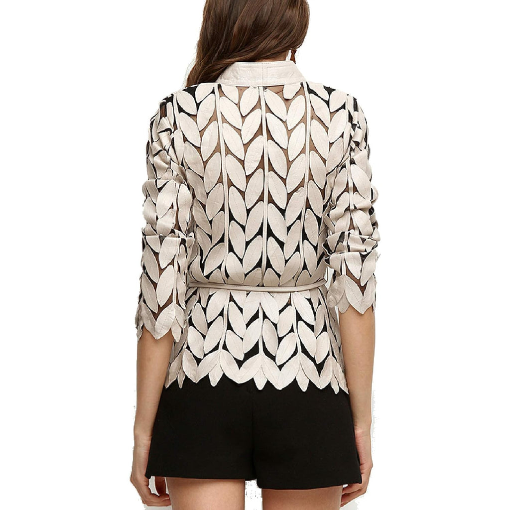 Women'S Genuine Lambskin Leaf Shaped Leather Pieces Applique Mesh Jacket Made By Handmade