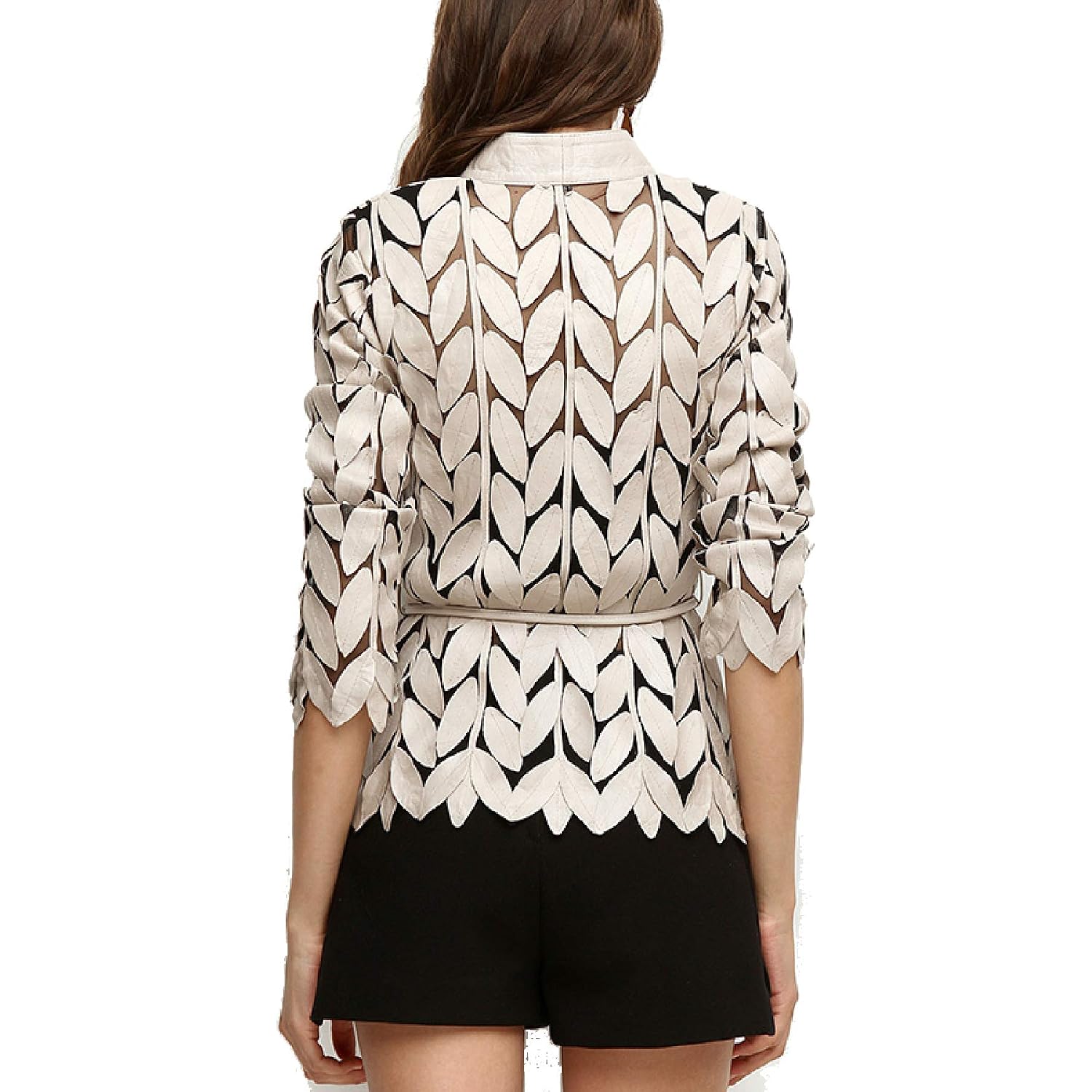 Women'S Genuine Lambskin Leaf Shaped Leather Pieces Applique Mesh Jacket Made By Handmade