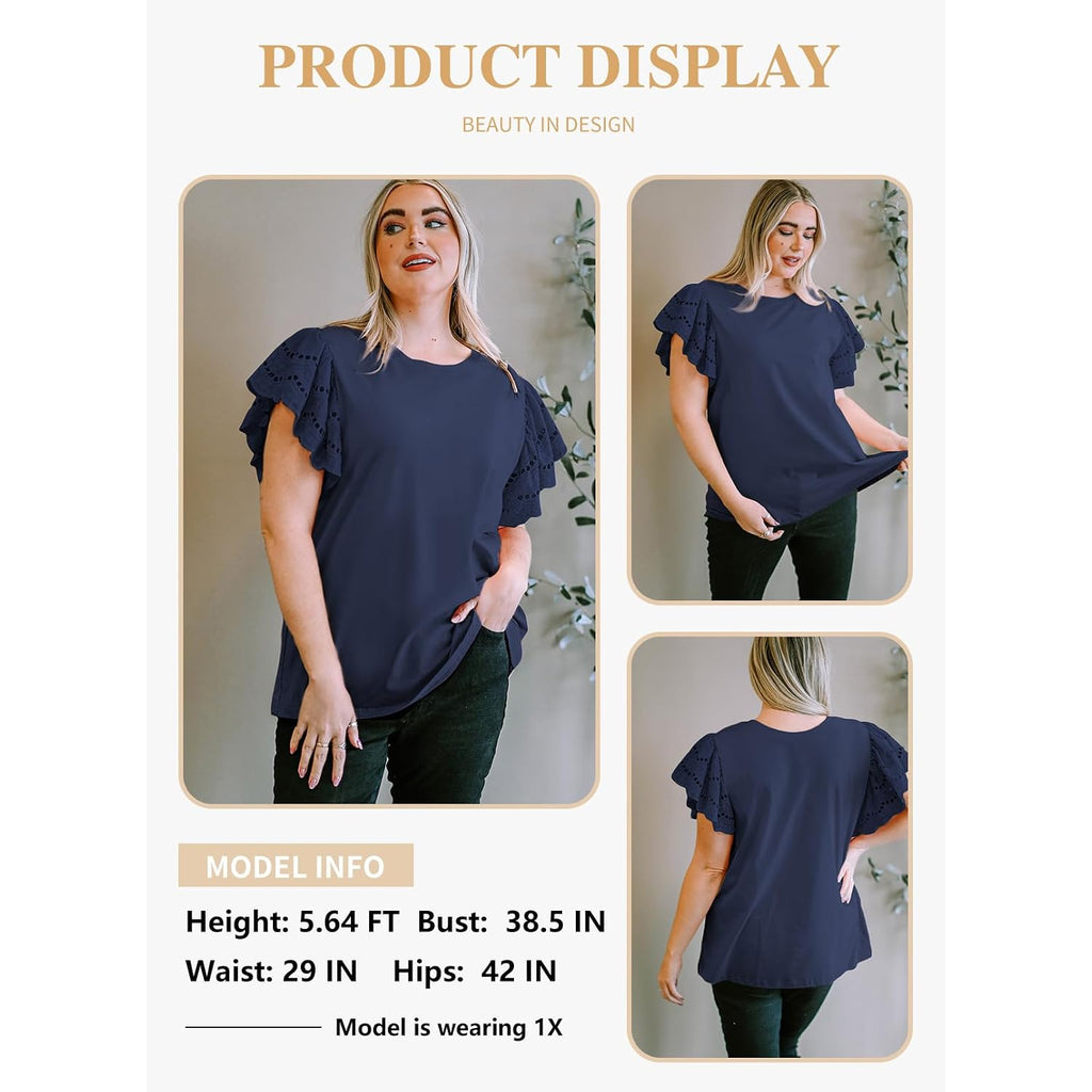 Eytino Womens Plus Size Tops Short Sleeve Round Neck Hollow Out Casual Loose Tunic Tees Shirts(1X-5X)