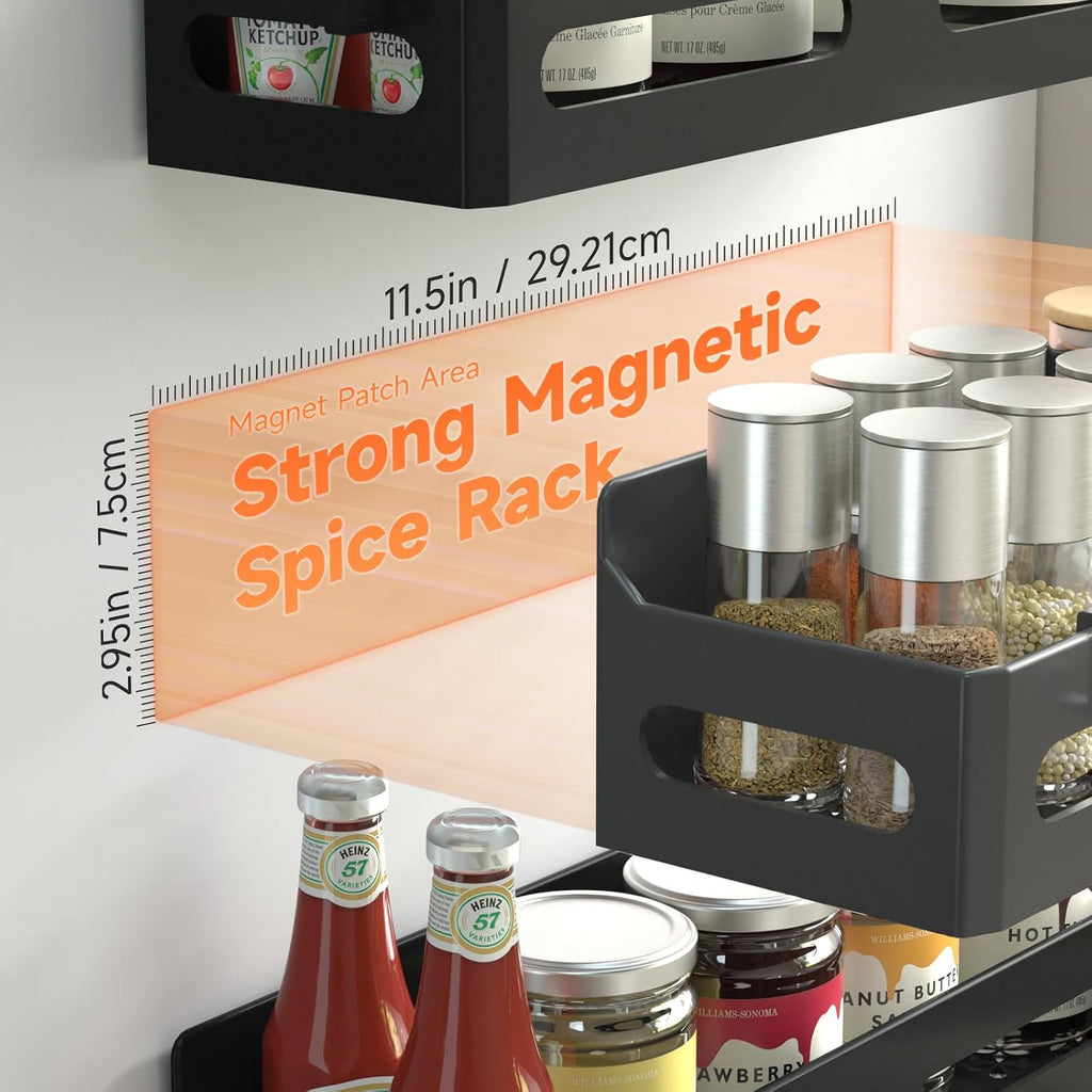 4-Pack Magnetic Spice Rack For Refrigerator With Hooks, Black | Strong Multipurpose Magnetic Shelf For Kitchen & Bathroom Organization. Includes 4 Removable Hooks For Hanging Items.