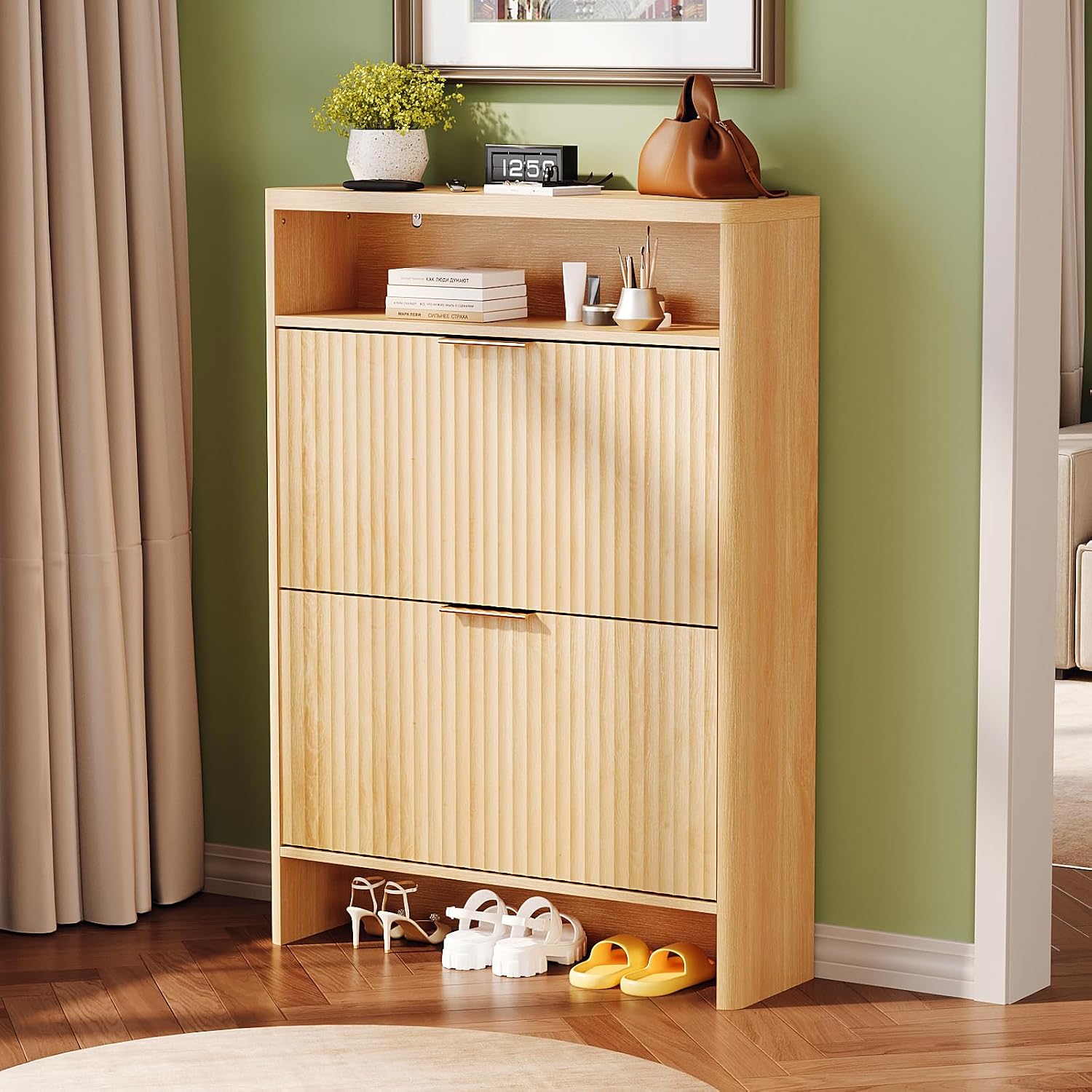 Vingli Slim Shoe Cabinet With Curved Edges, Modern Hidden Shoe Storage Organizer With 2 Flip Drawers & Open Shelf, Narrow Wood Shoe Cupboard With Fluted Panel & Anti-Tip Kit For Entryway, Oak