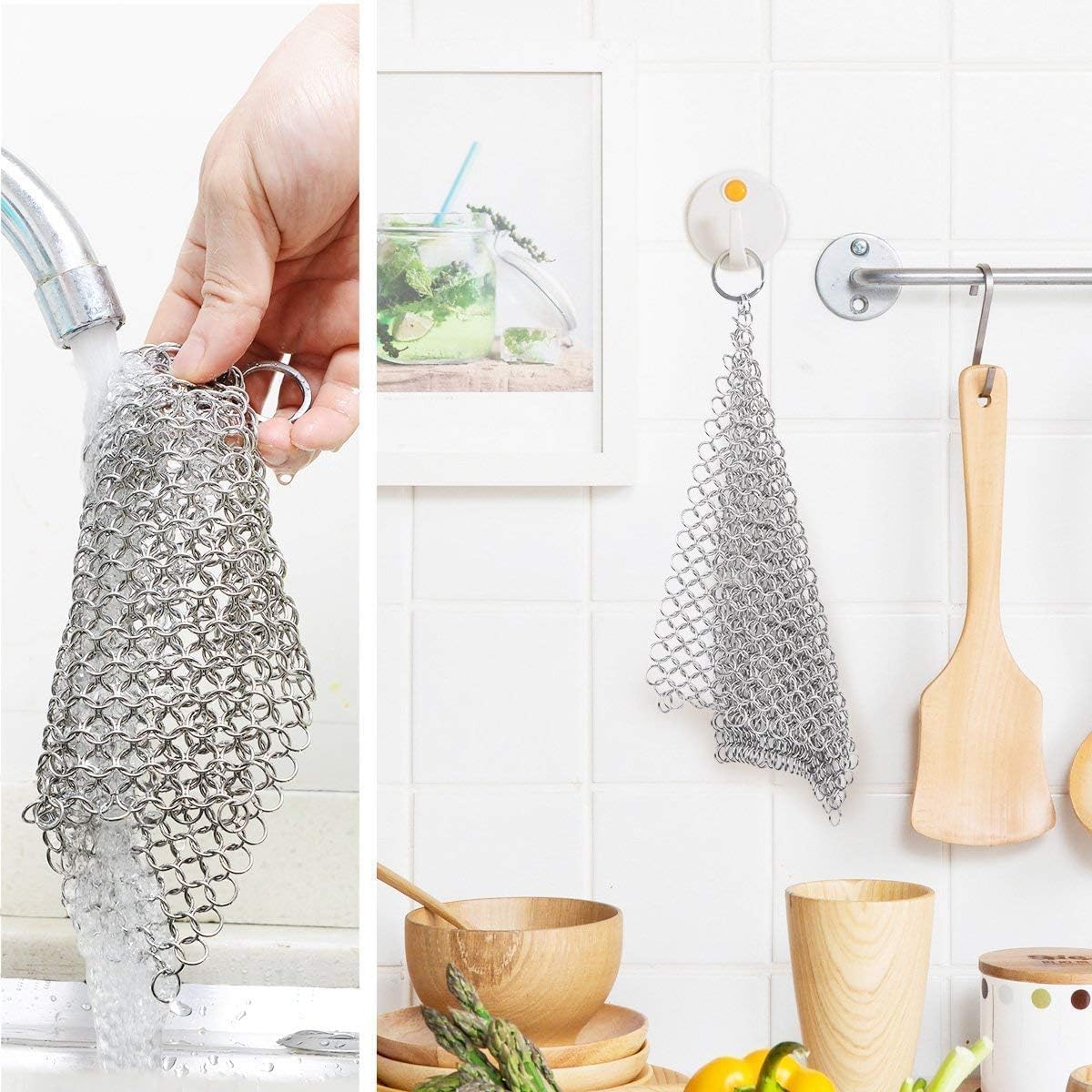 8"x6" Cast Iron Scrubber Stainless Steel Chainmail Cleaner for Pre-Seasoned Pans, Griddles, BBQ Grill and Pot Cookware Cleaning