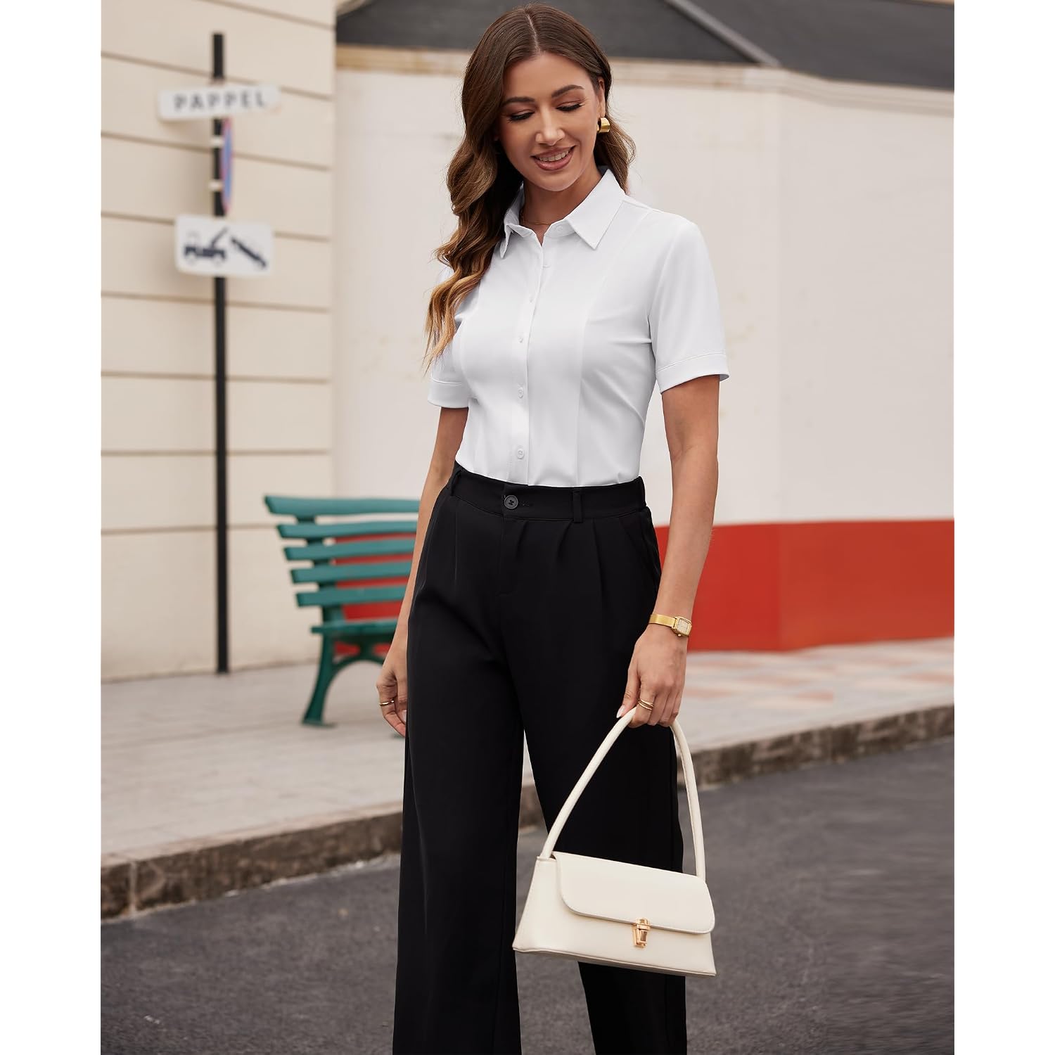 Siliteelon Women'S Button Down Shirts Slim Fit Short Sleeve Stretch Dress Shirts Wrinkle-Free Solid Work Blouse