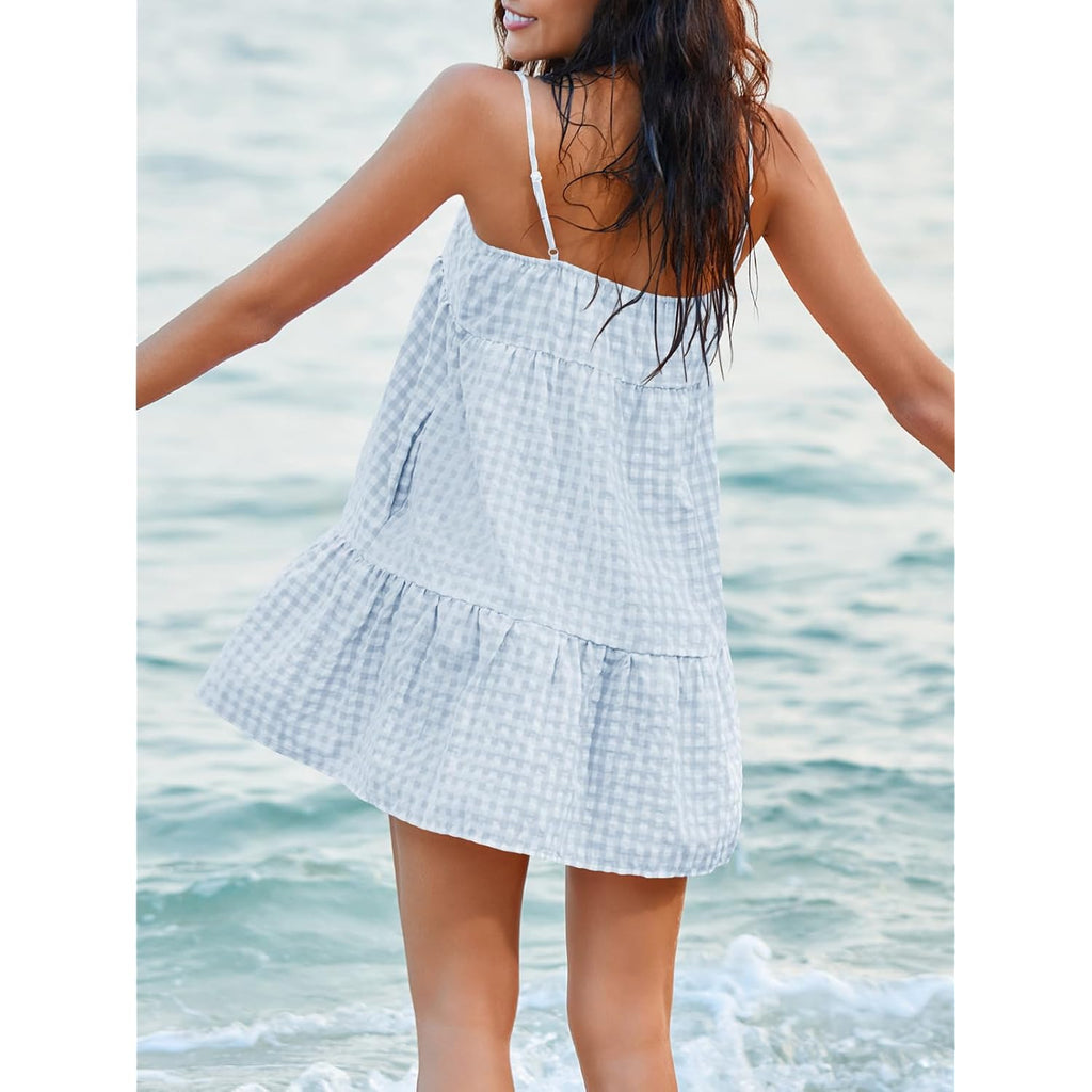 Wenrine Womens Summer Plaid Mini Dress Casual Spaghetti Strap Sleeveless A Line Beach Sundress With Pockets