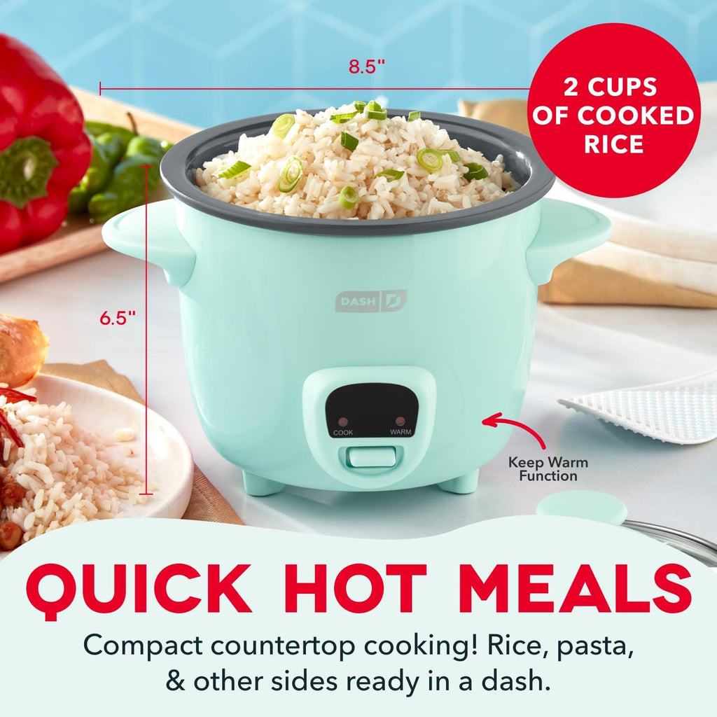 Dash Mini Rice Cooker | Small Rice Maker, 2 Cups Cooked / 1 Cup Uncooked, Ceramic Nonstick Removable Pot, Keep Warm Function, Compact And Portable For Dorm, Travel, Single Serve, Aqua