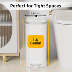 Stainless Steel Bathroom Trash Can With Lid Soft Close,1.6 Gallon Slim Garbage Can,Small Metal Step Wastebasket For Office, Bedroom, Toilet, White