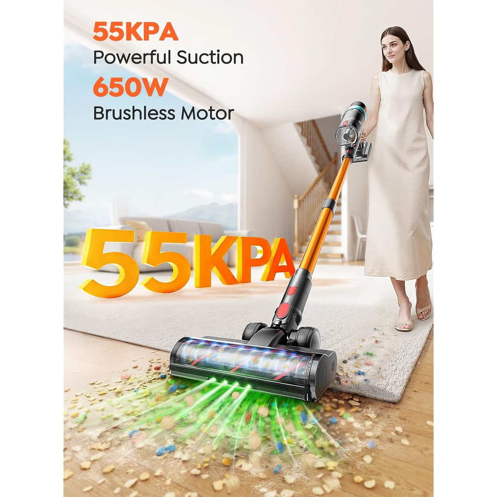 Cordless Vacuum Cleaner, 650W 55Kpa 70Mins Vacuum Cleaners For Home, Upgraded Stick Vacuum With 3.3Ft Extendable Hose, Led Touch Screen, Wall Charging Station, Auto Mode For Carpet Pet Hair Hard Floor