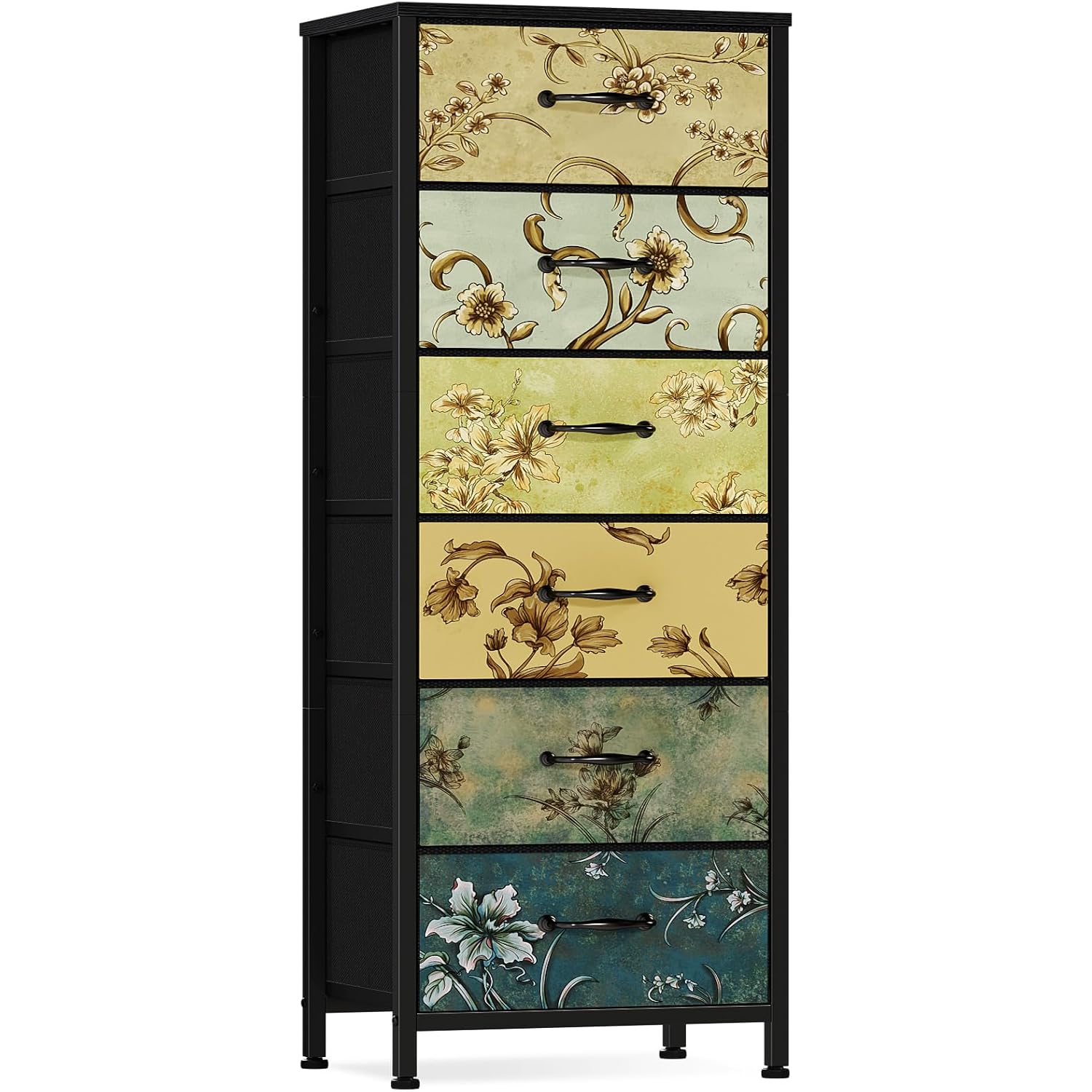 Tall 6 Drawers Dresser, Vintage Storage Organizer Unit With Fabric Bins For Bedroom, Living Room, Closet, Nusery, Dorm, Entryway, Bedside Furniture, Sturdy Metal Frame, Wood Top