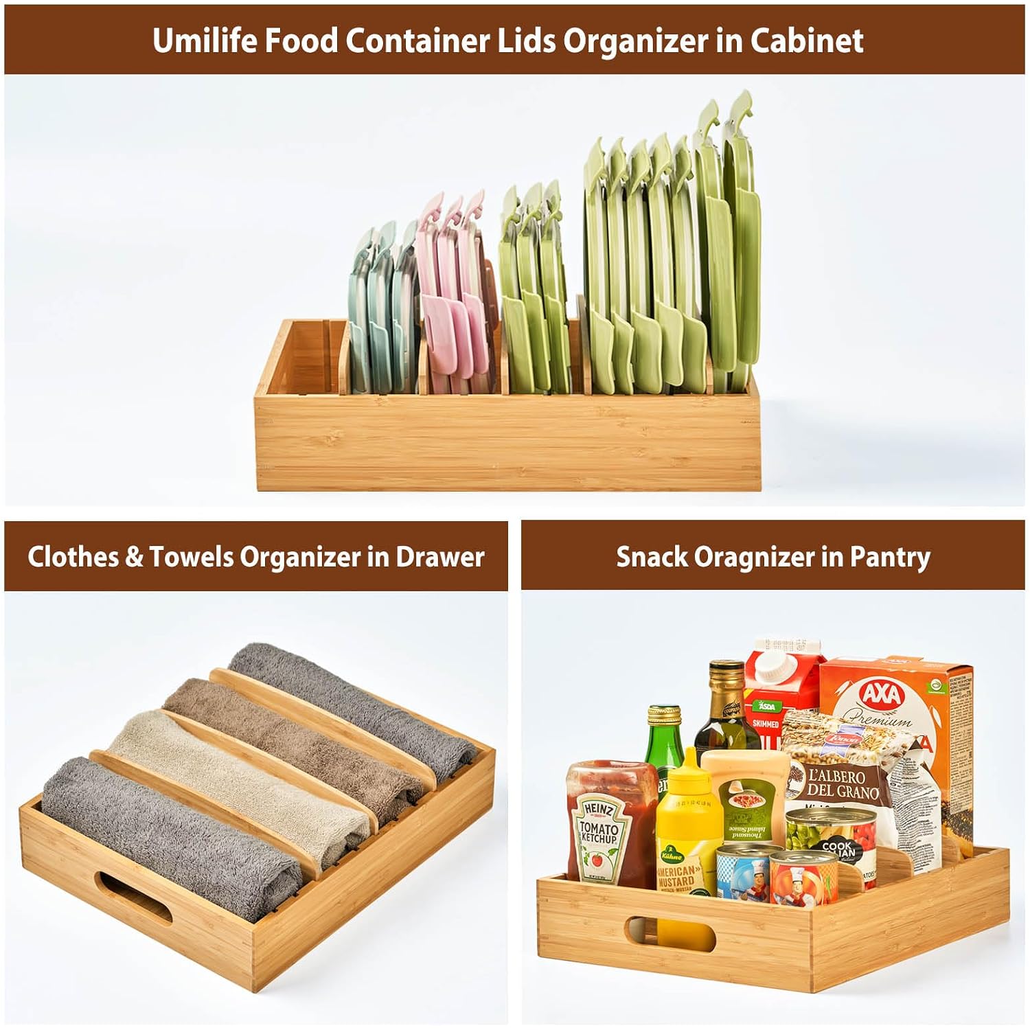 Large Bamboo Food Container Lid Organizer For Kitchen Cabinet | Adjustable Slots - Premium Bamboo, Pretty Color - Sturdy Versatile Caddy For Snack, Spice In Drawer - Anti-Skid Silicone Pads