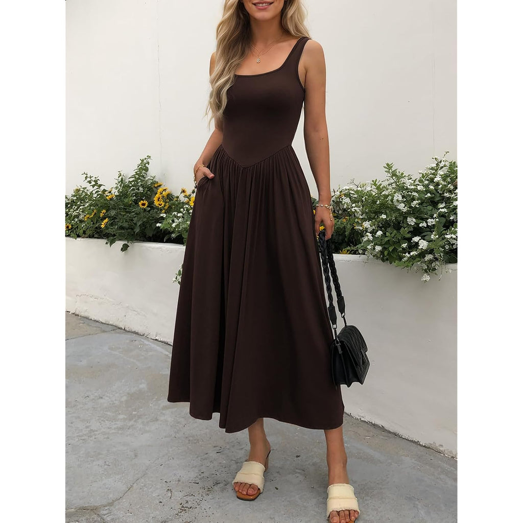Mieazom Women'S Summer Maxi Dress 2026 - Sleeveless Square Neck Casual Beach Sundress With Pockets, Flowy Patchwork Knit