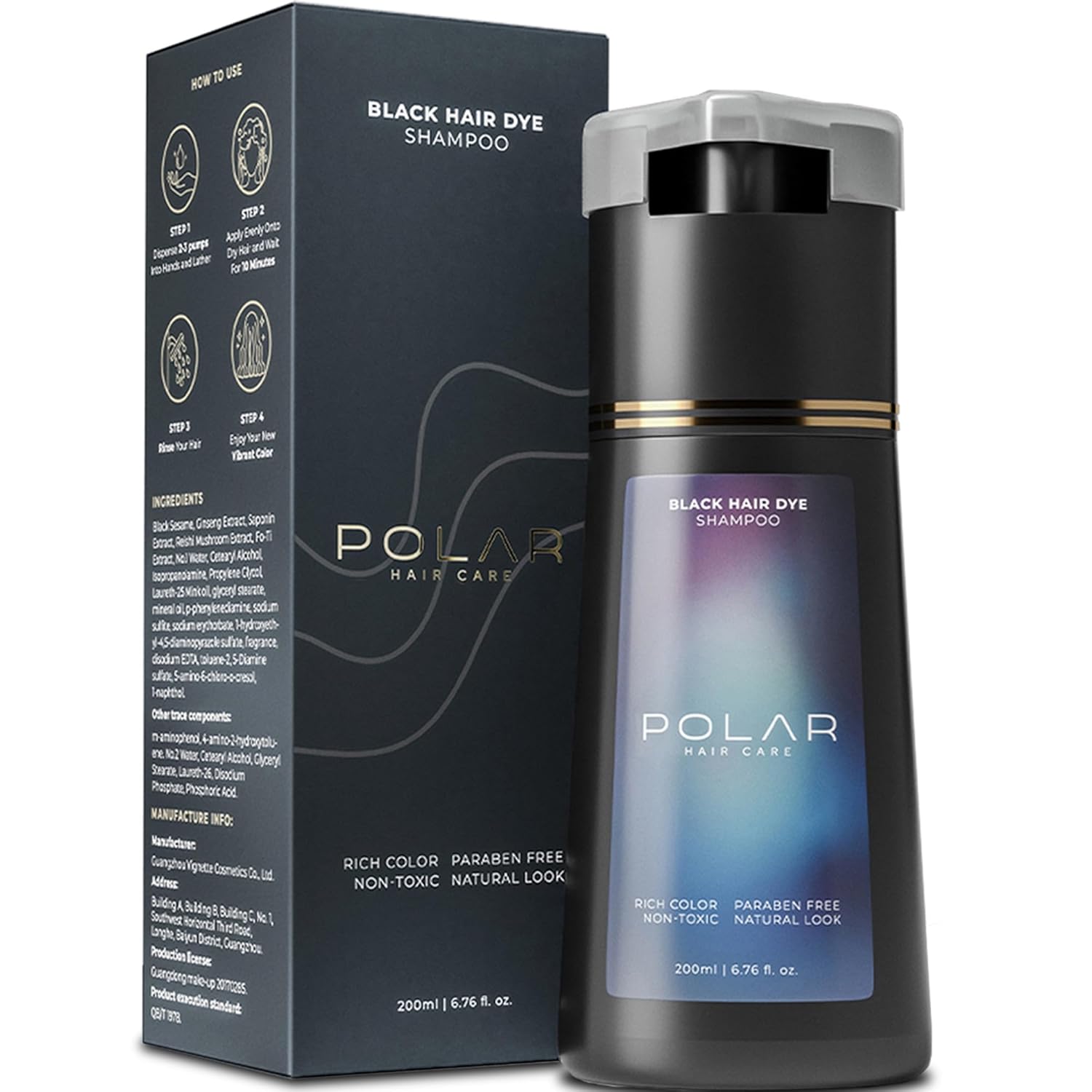 Polar Hair CARE Polar Haircare - Hair Dye Shampoo for Gray Hair for Women & Men (Jet Black) Natural Hair Dye Kit - Semi Permanent Hair Dye Shampoo - Vegan Hair Dye USA 6.76 Fl Oz