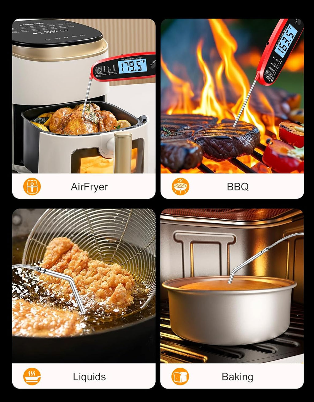 Instant Read Meat Thermometer Digital With Dual Probe, Food Thermometer For Cooking & Grilling, Large Backlit & Calibration, For Kitchen/Oven/Grill/Smoker/Bbq/Candy/Oil Fry, Gifts For Men & Dad