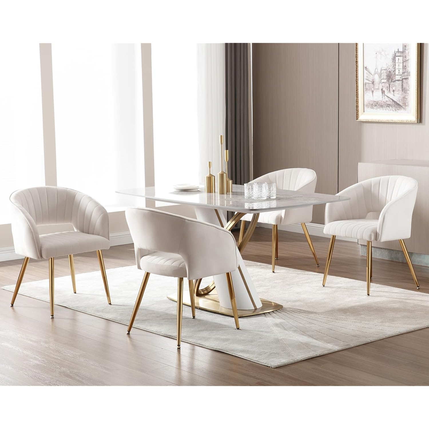 Modern Velvet Desk Chair Accent Armchair Upholstered Tufted Chairs Dining Chairs, Tufted Vanity Chair Side Chairs With Gold Metal Legs For Dining Room Living Room Restaurant,1 Pc &Cream