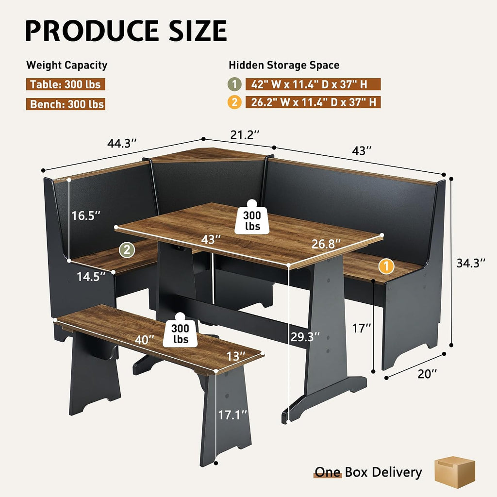 3-Piece Corner Dining Set With Hidden Storage, Black Oak | Breakfast Nook, L-Shaped Corner Bench, Hidden Storage, Space Saving Design For Small Space, Kitchen Dining Room Furniture