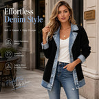 Womens Denim Patchwork Collared Shirt Jacket, Denim Trimmed Sweater Jacket Loose Button Down Long Sleeve Shacket