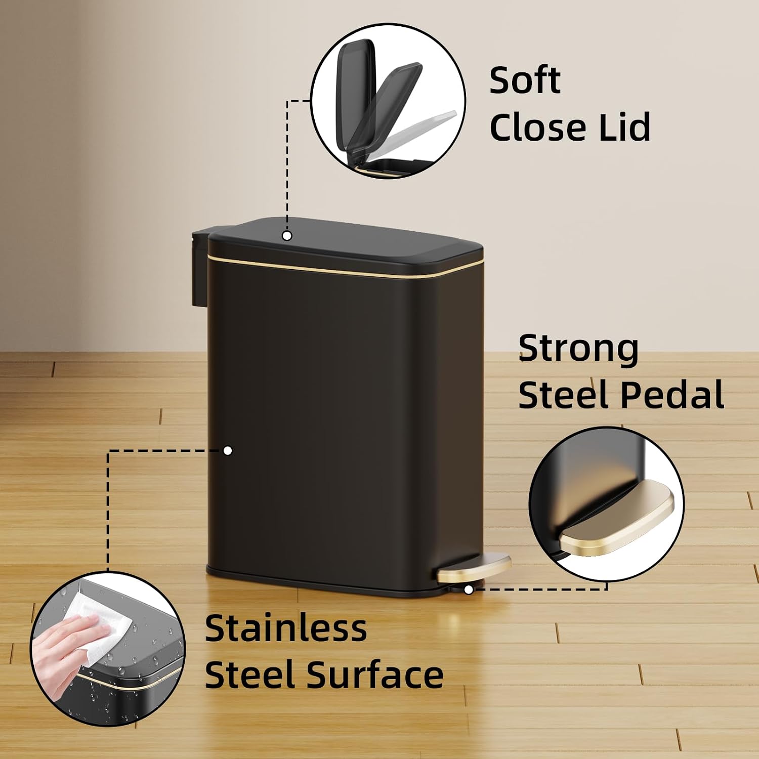 Ksskss Small Bathroom Trash Can With Lid Soft Close, Step Pedal, 6L / 1.6 Gal Stainless Steel Garbage Bin With Removable Inner Bucket, Slim Wastebasket For Narrow Spaces (Black)