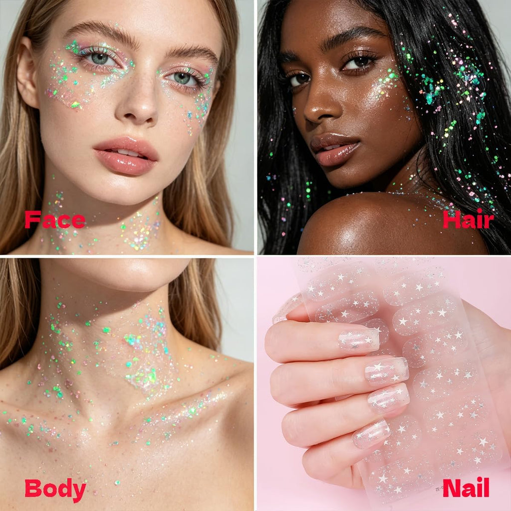 Sam Sugar Body Glitter Stick And Face Glitter Gel, Gel Nail Strips Chunky Glitter For Face, Body, Nails, No Lamp Needed, Long Lasting Sparkle Makeup For Party Festival(Rainbow 01#)