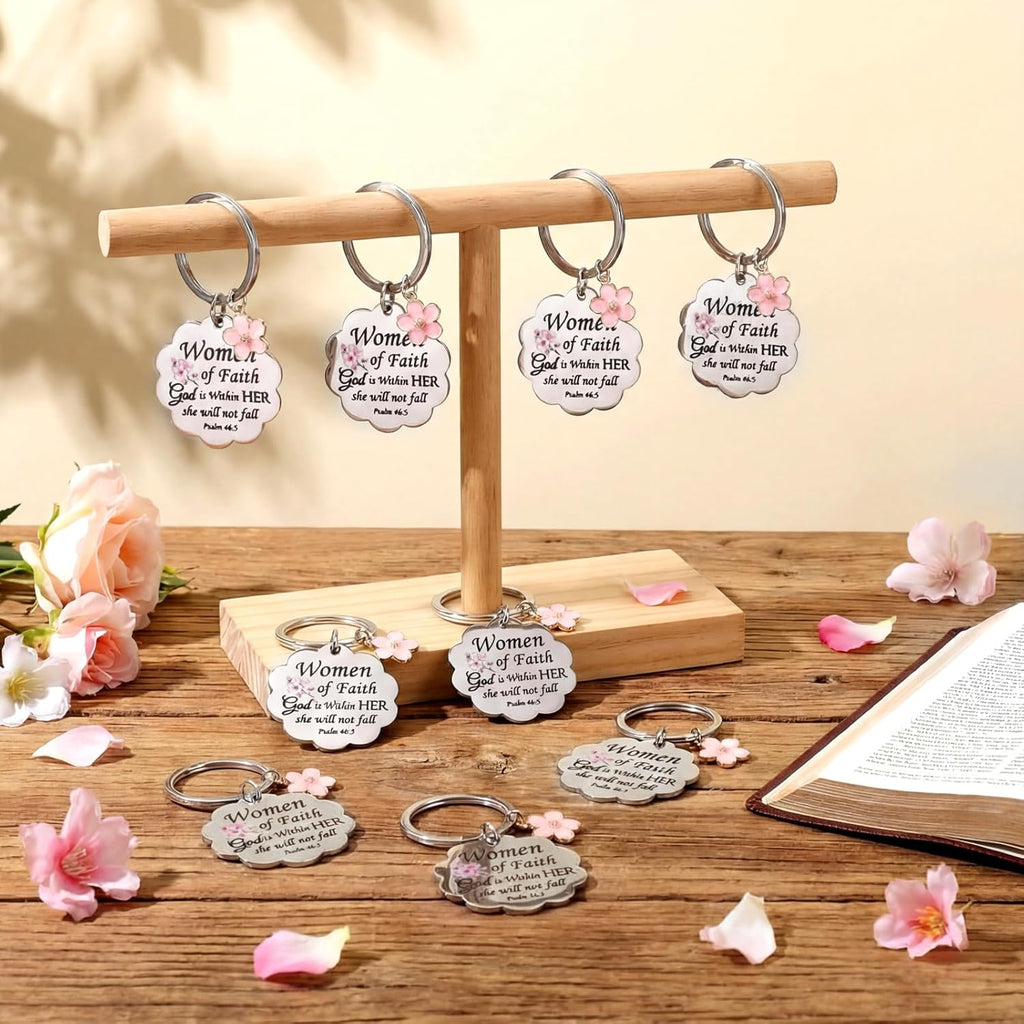 Cunno Christian Gifts Bulk Mother's Day Church Gifts Religious Keychain Bulk Scalloped with Enamel Sakura Woman of Faith