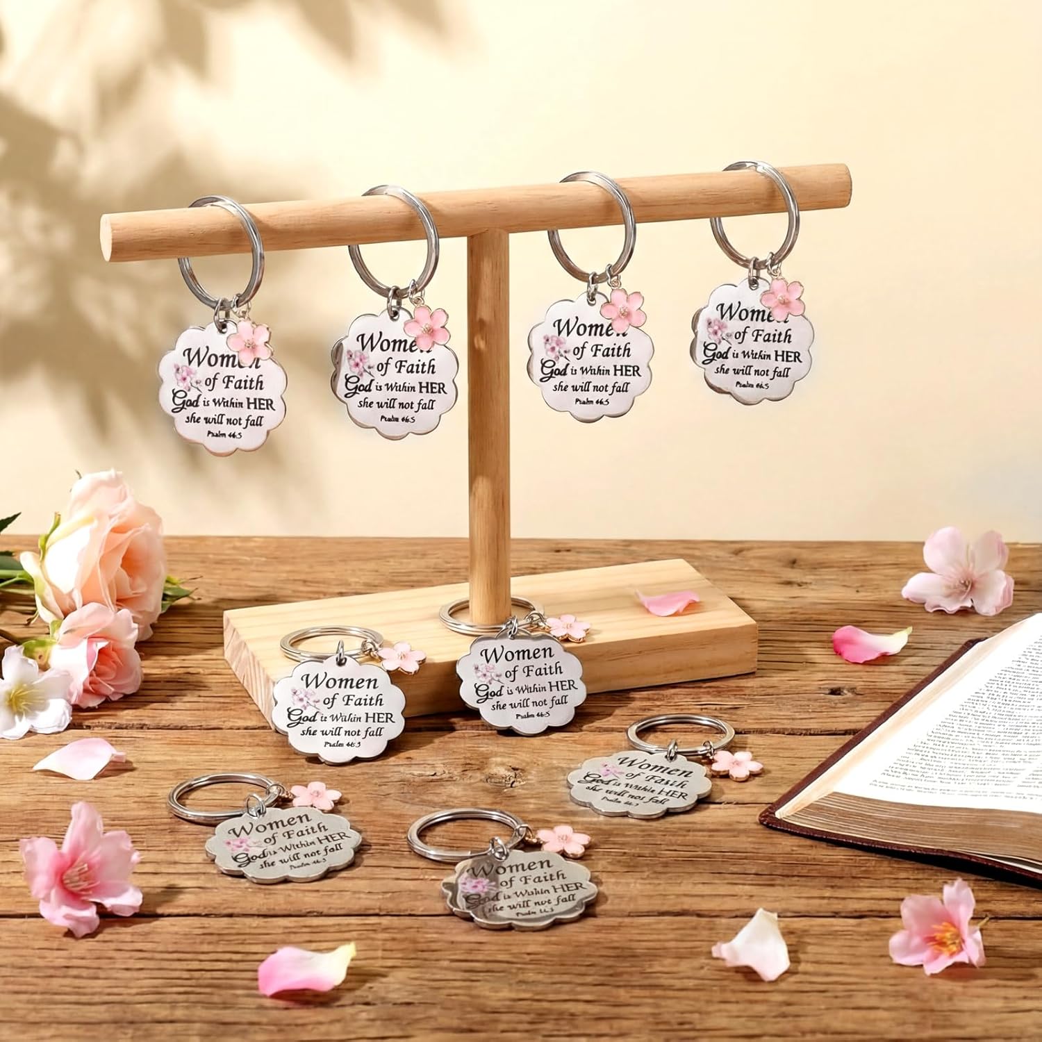 Cunno Christian Gifts Bulk Mother's Day Church Gifts Religious Keychain Bulk Scalloped with Enamel Sakura Woman of Faith