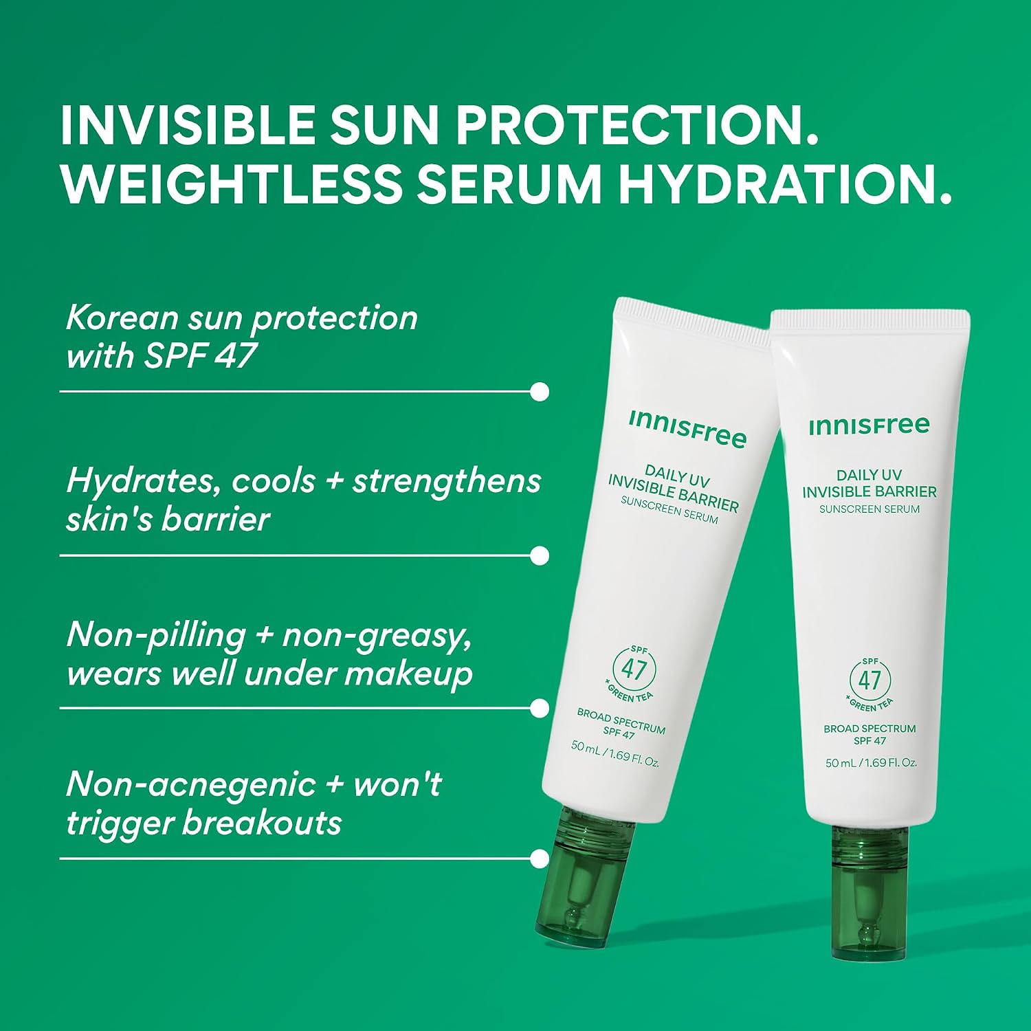 Innisfree Daily Uv Invisible Barrier Sunscreen Serum Broad Spectrum Spf 47 With Green Tea | Lightweight And Hydrating Korean Sunscreen For Face | Suitable For Sensitive Skin And All Skin Types