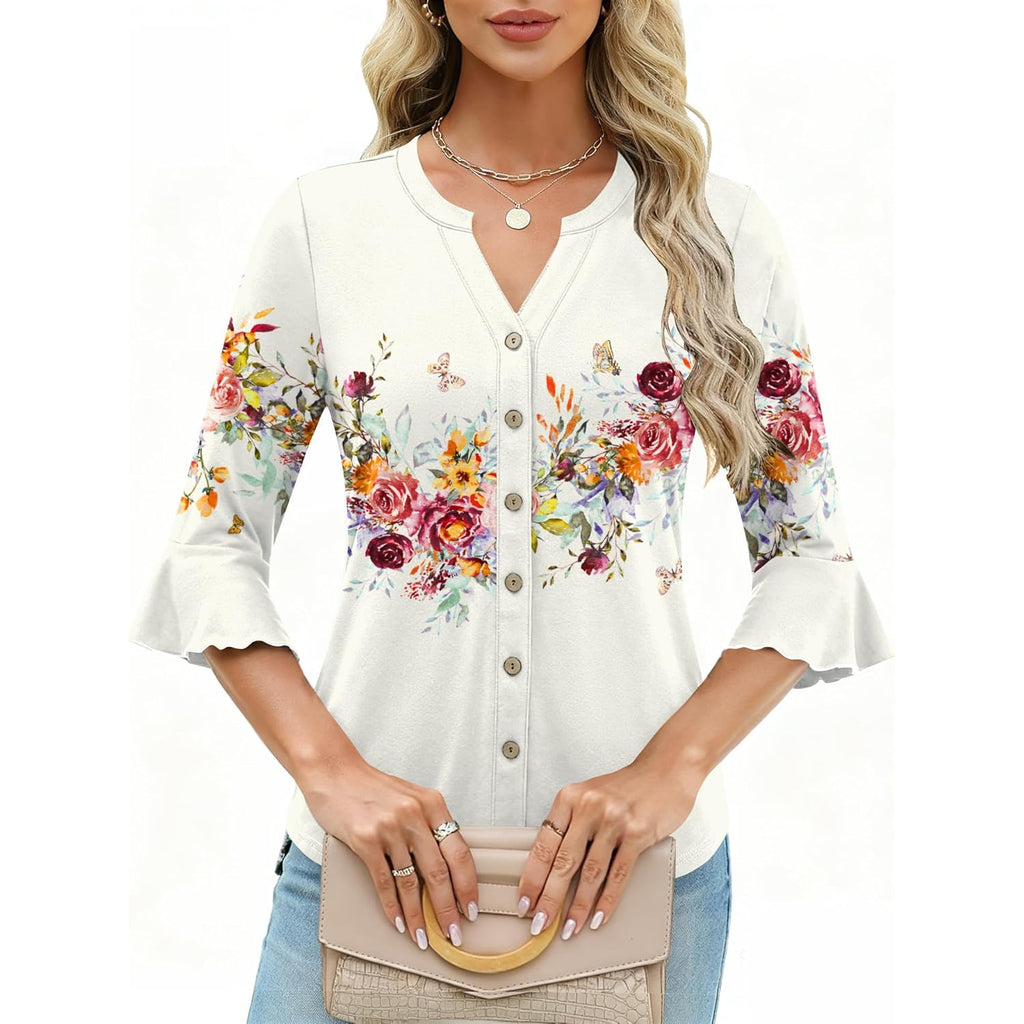Women's Button Down T Shirts 3/4 Sleeve V-Neck Tops Casual Summer Ladies Tees Ruffle Bell Sleeve Tunic