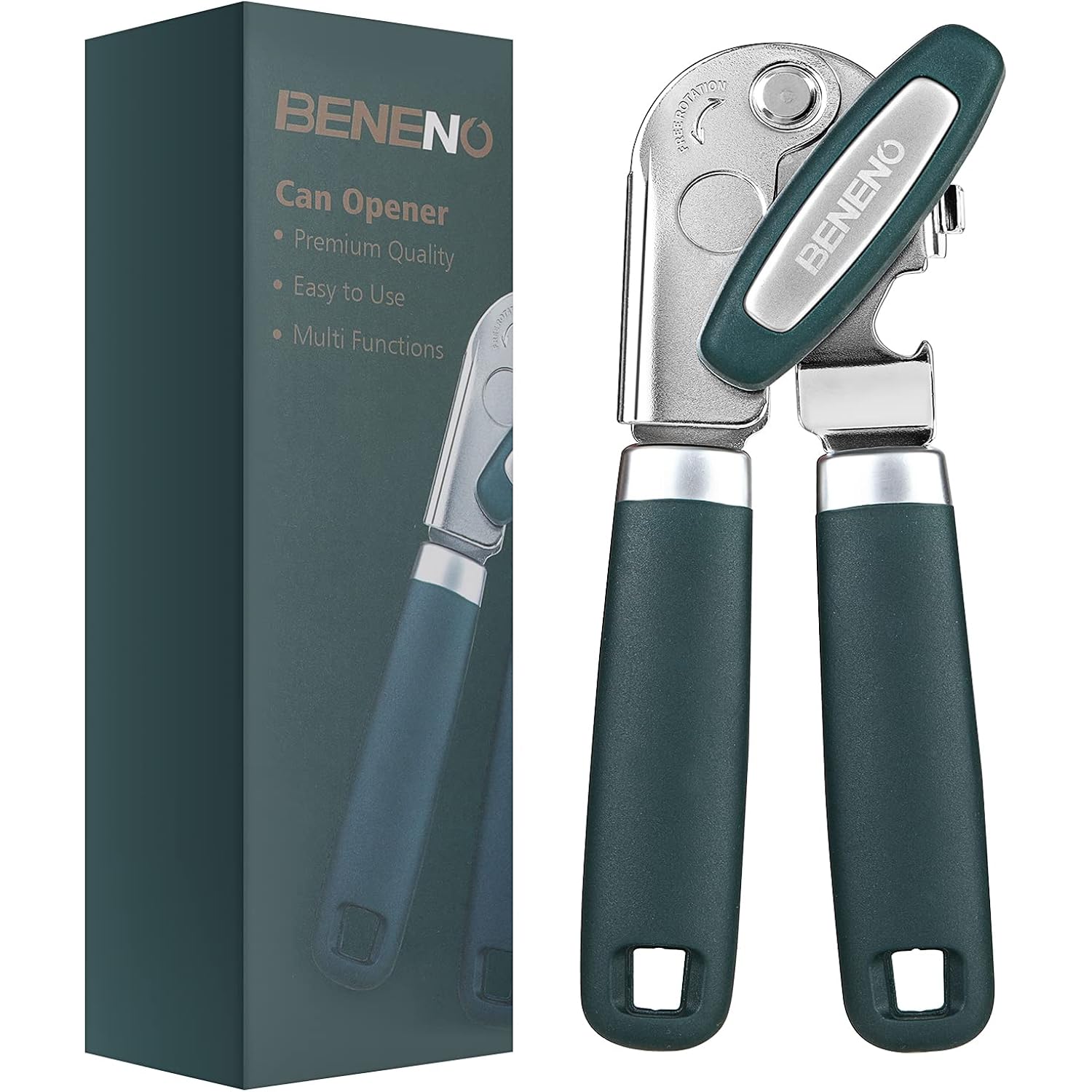 Beneno Heavy Duty Hand Can Opener Manual With Magnet, Durable Sharp Carbon Steel Blade Smooth Cutting, Big Effort-Saving Knob & Soft Grip Handle, Multifunctional Kitchen Tool With Bottle Opener, Green