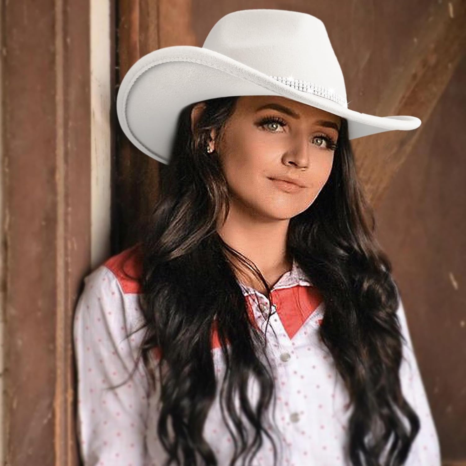 Dreshow Glitter Cowboy Hat Classic Western Rhinestone Cowgirl Hat Outdoor Wide Brim Retro Felt Fedora Hats Rolled Up Caps