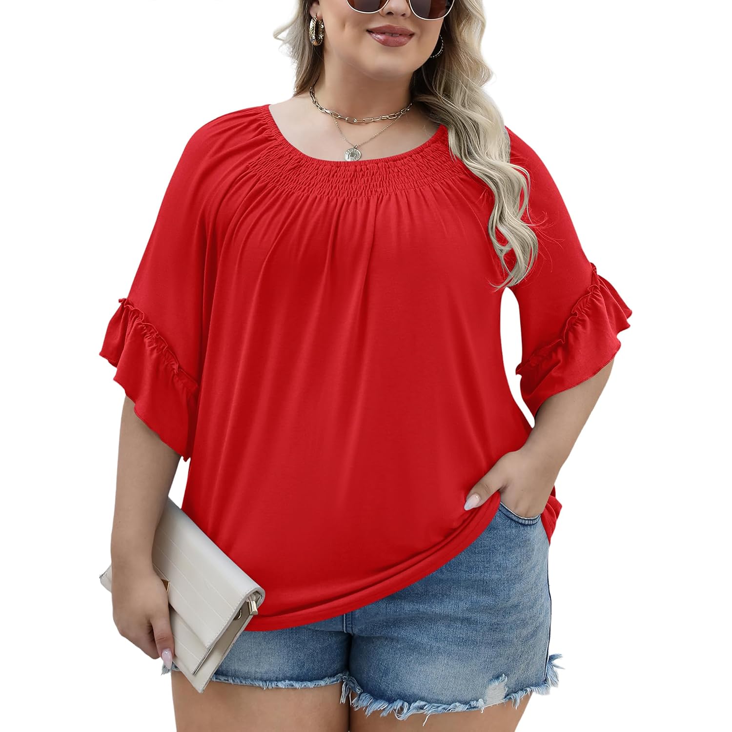 Micoson Womens Plus Size Tops 3/4 Ruffle Sleeve Shirts Crewneck Pleated Blouses Dressy Casual Fashion Tunic Top (1X-5X)
