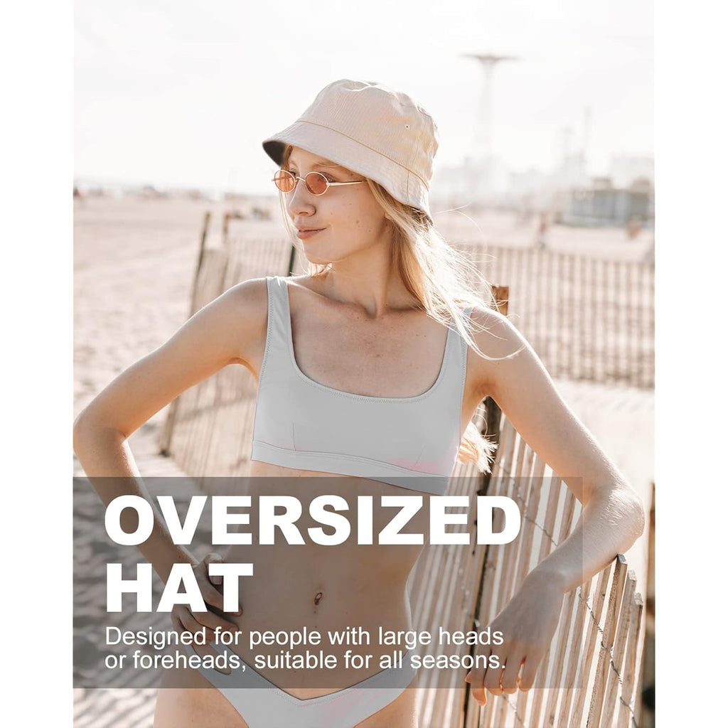 XXL Oversize Bucket Hat Reversible, XL L M S Fisherman Sun Cap With Chin Strap, Travel Beach Outdoor Hat For Men Women Black-beige