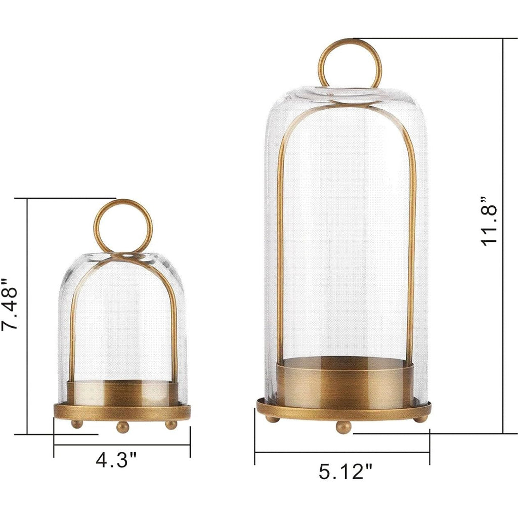 5" & 4" Wide Versatile Metal Candle Holder with Handmade Sturdy Glass Dome in Brass for Pillar Candle & Plants, 5.1" xH11.8 4" xH7.5, Industrial, Farmhouse, Shabby Chic. (2, Brass, Large & Small)