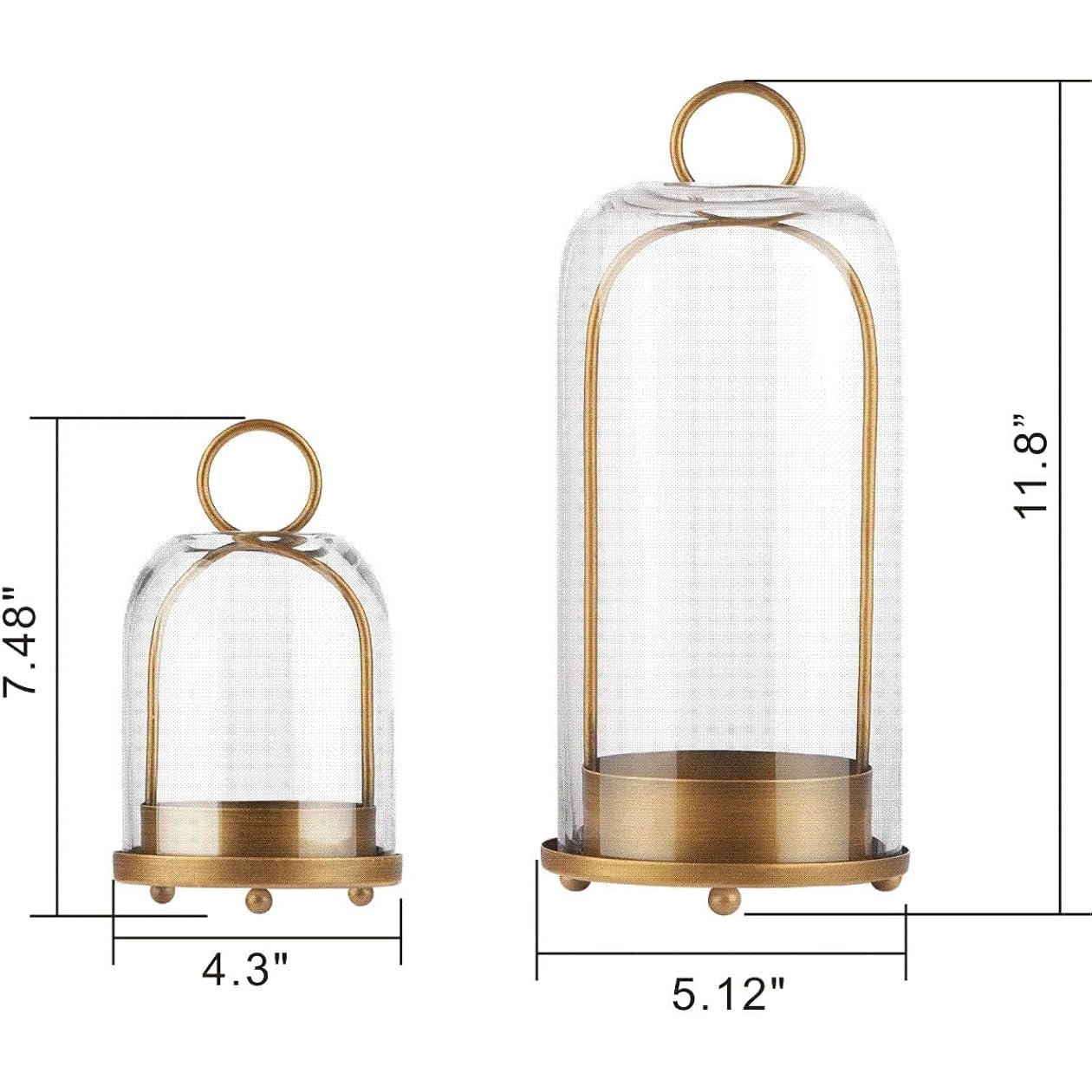 5" & 4" Wide Versatile Metal Candle Holder with Handmade Sturdy Glass Dome in Brass for Pillar Candle & Plants, 5.1" xH11.8 4" xH7.5, Industrial, Farmhouse, Shabby Chic. (2, Brass, Large & Small)