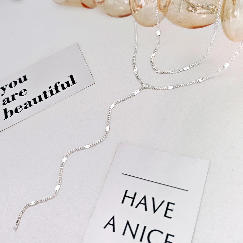 Luxval Lariat Silver Necklace for Women, Dainty Long Necklace Silver Y-Shaped Pendant Necklaces Trendy Beaded Chain Drop Necklaces Jewelry for Women Gifts