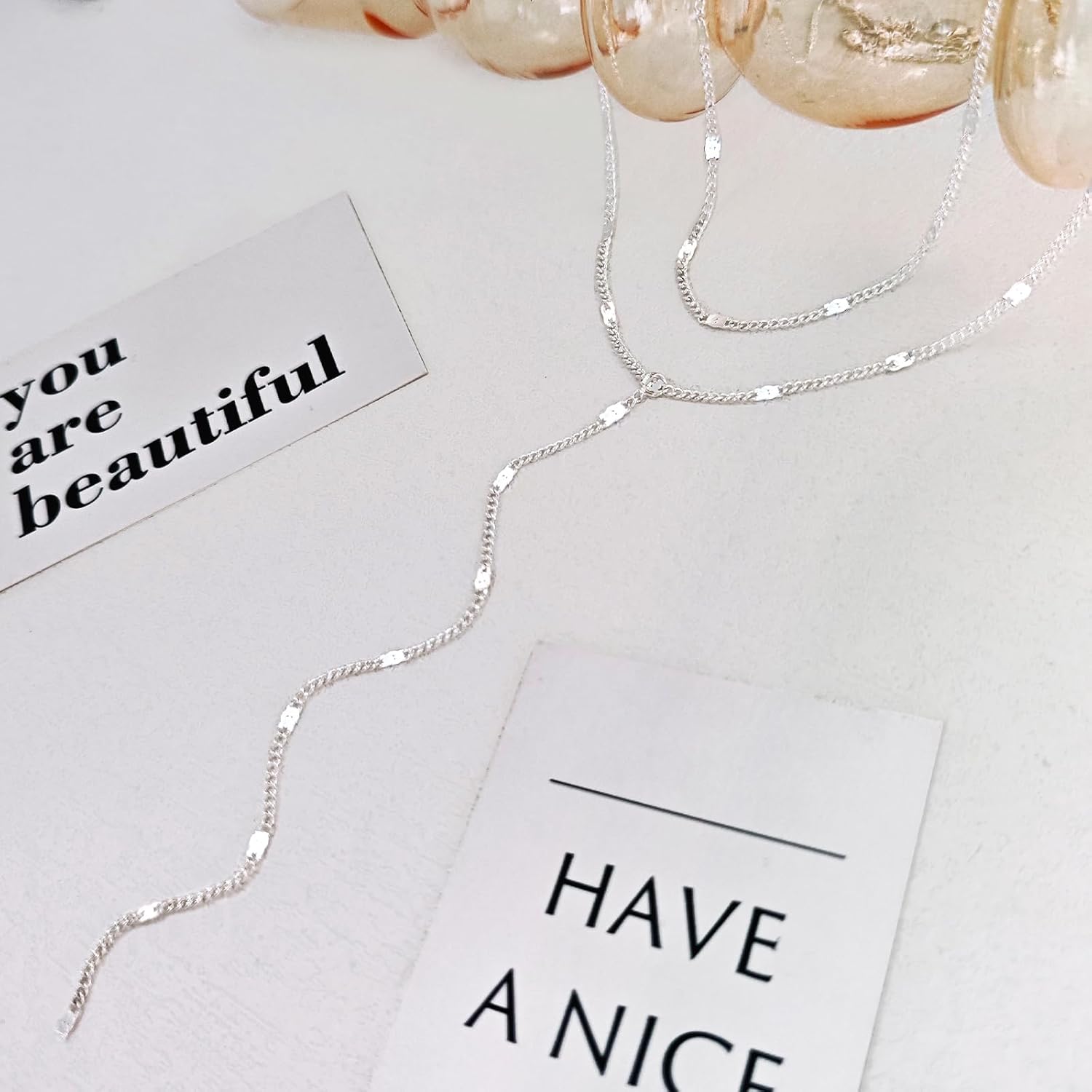 Luxval Lariat Silver Necklace for Women, Dainty Long Necklace Silver Y-Shaped Pendant Necklaces Trendy Beaded Chain Drop Necklaces Jewelry for Women Gifts