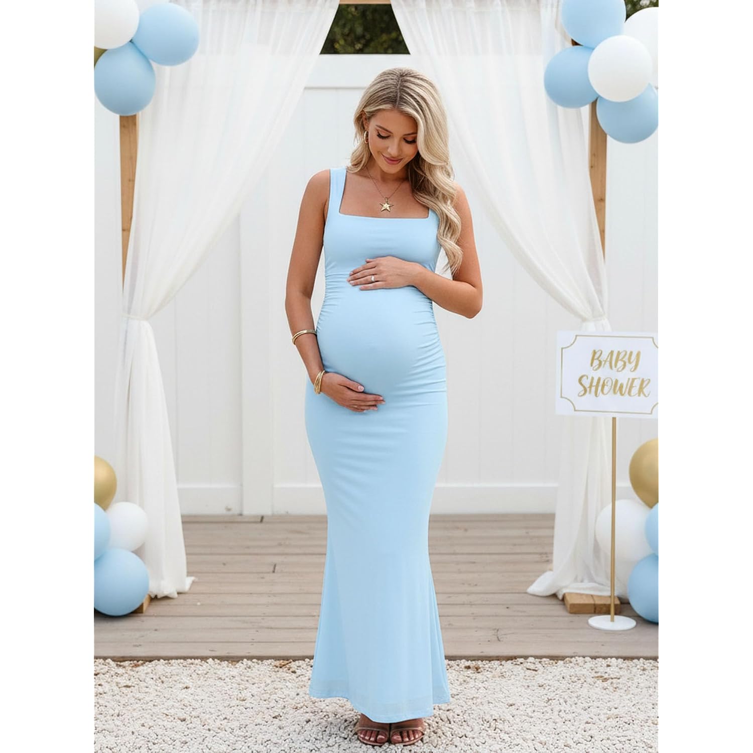 Boriflors Women'S Ruched Bodycon Maxi Dress Mesh Sleeveless Square Neck Formal Beach Wedding Guest Cocktail Long Dresses